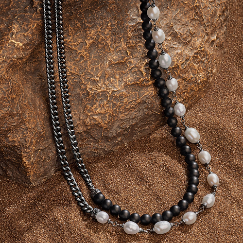 Karma and Luck  Necklaces - Mens  -  Endless Endurance Matte Onyx Mantra Pearl Necklace