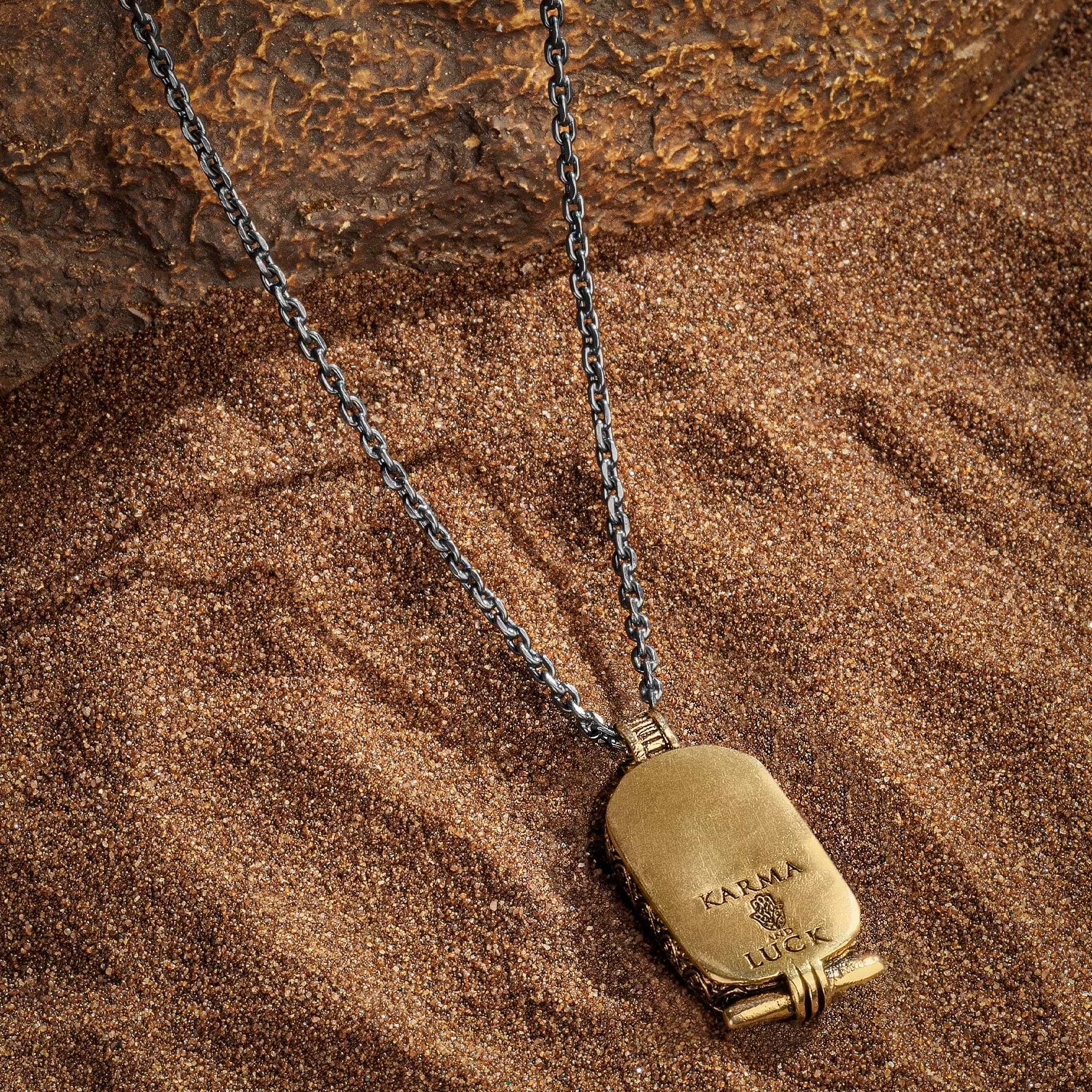 Karma and Luck  Necklaces - Mens  -  BR/GP/OXI SCARAB SS/BLACK NECKLACE
