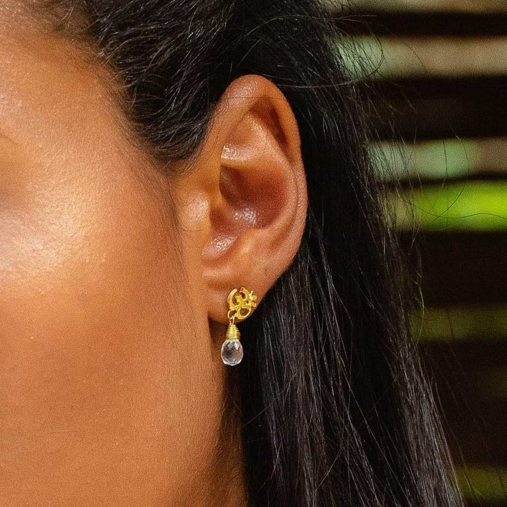 Karma and Luck  Earrings - Womens  -  Sacred Sounds - Gold OM Crystal Quartz Earrings