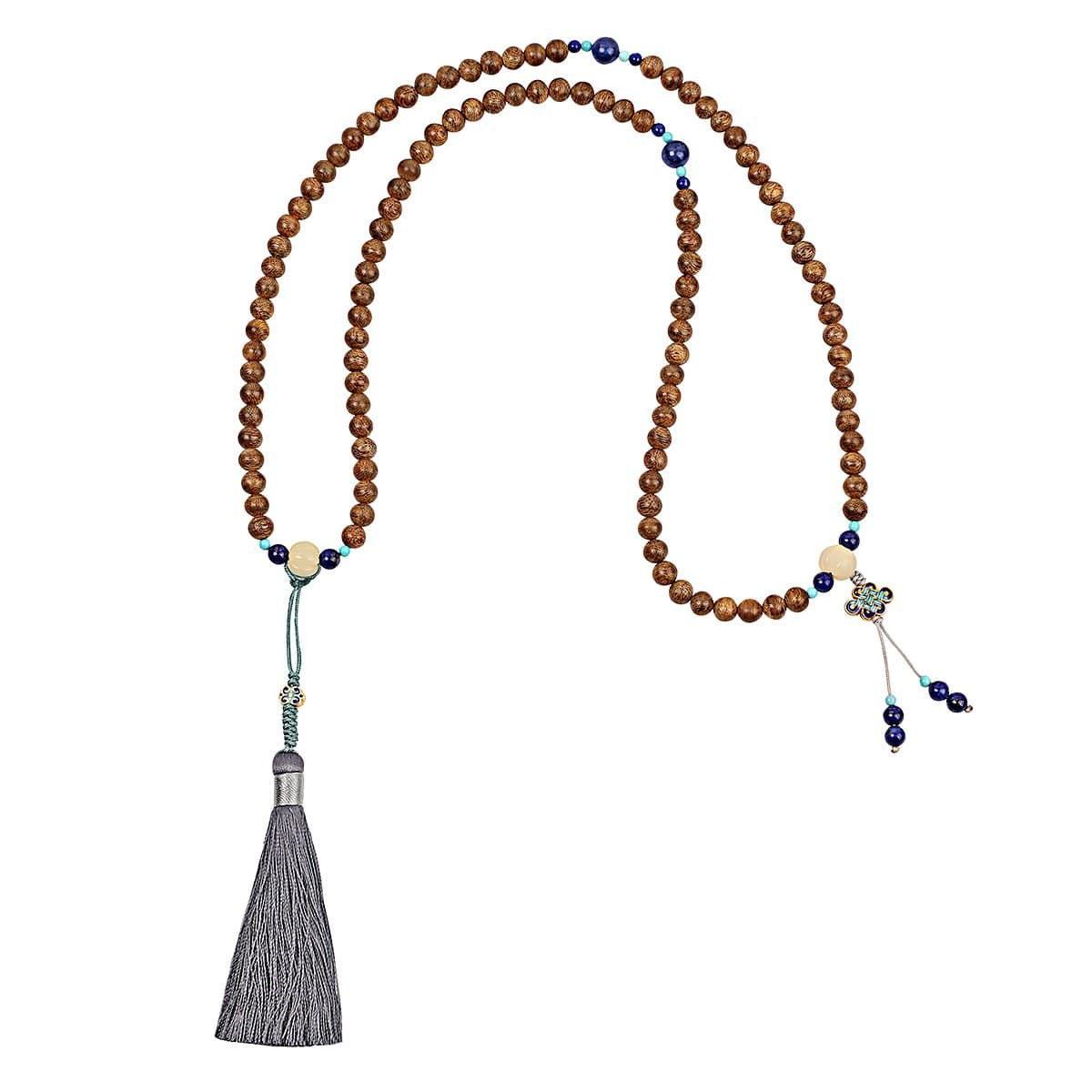 Karma and Luck  Agarwood Mala  -  Lapis lazuli + turquoise beads + pumpkin Bodhi root + Cloisonne Chinese knot + Cloisonne auspicious cloud + sapphire + tassel