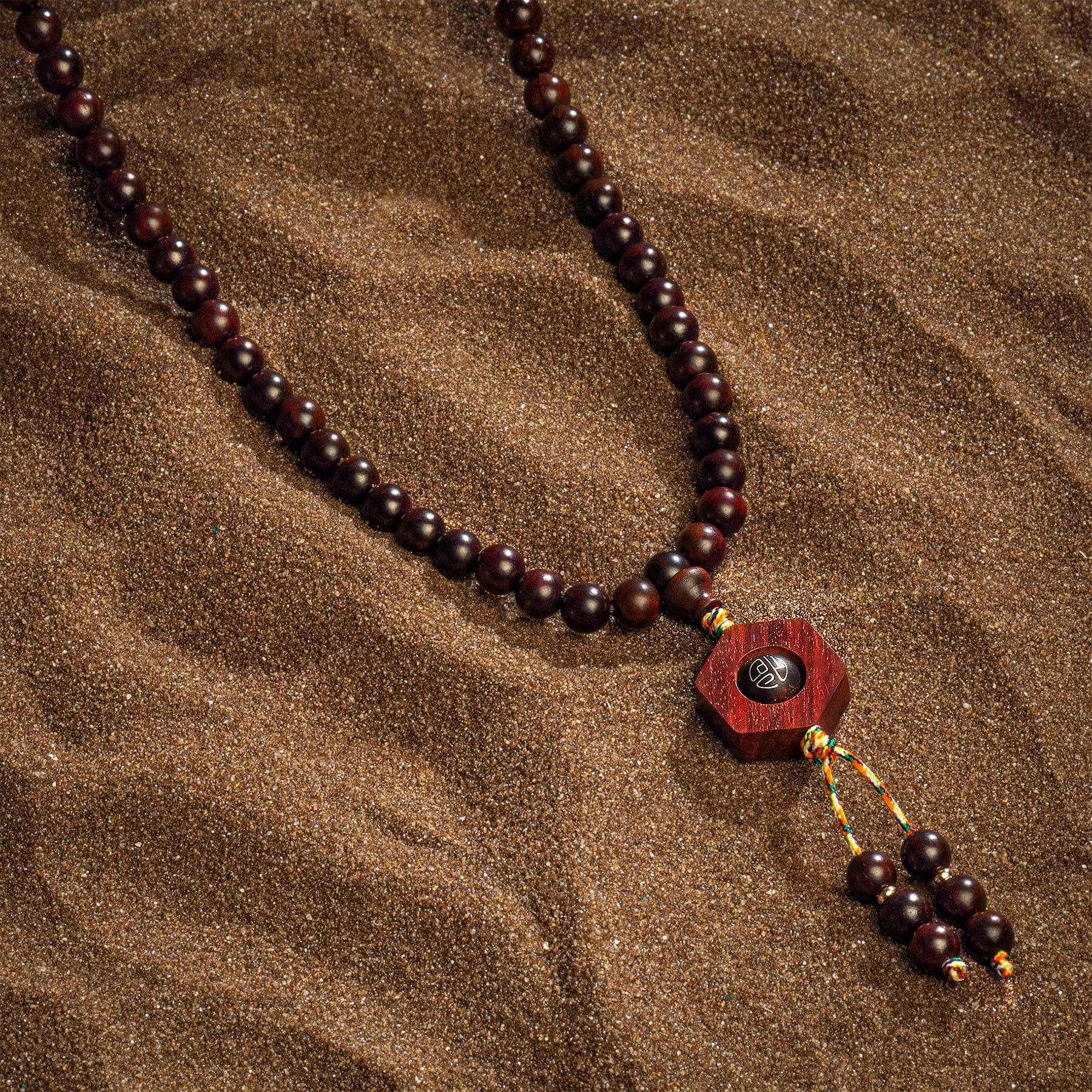 Karma and Luck  Necklaces - Mens  -  "India Lobular Red Sandalwood White pine stone, ancient gold, crystal  6mm"