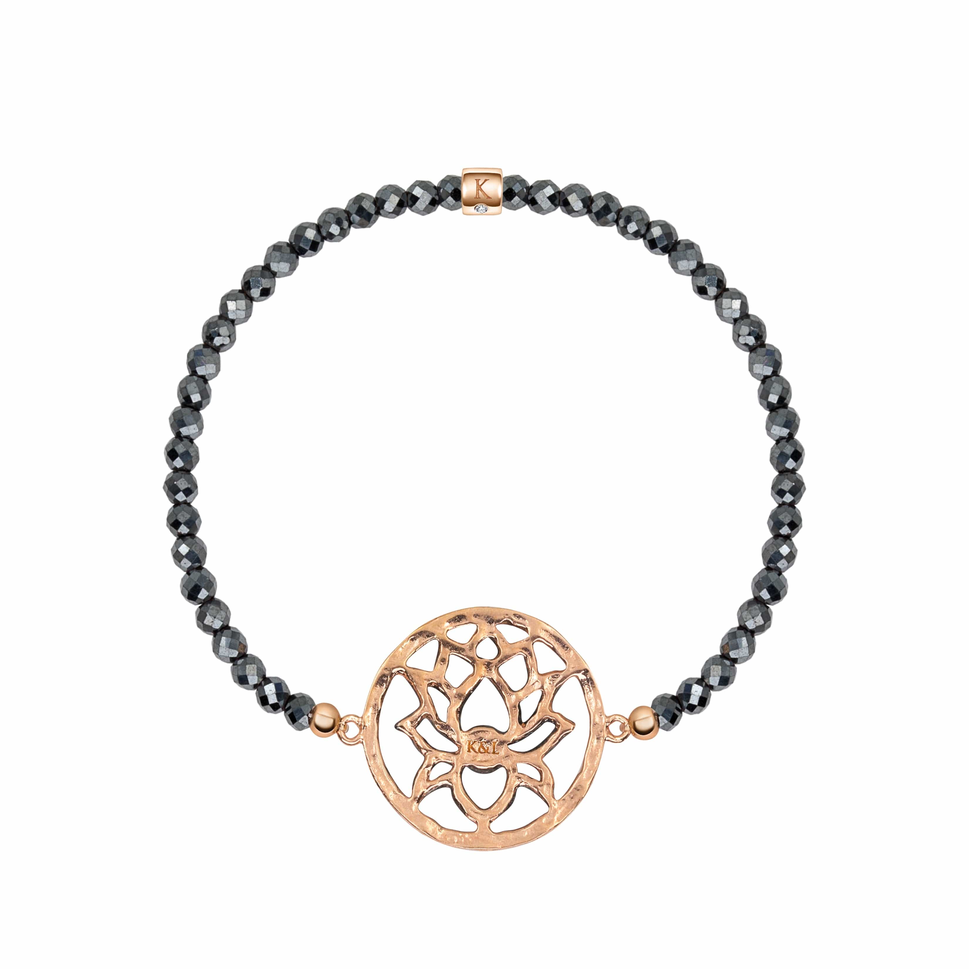 Karma and Luck  Bracelets - Womens  -  Grounding Tranquility - Hematite Lotus Flower Bracelet