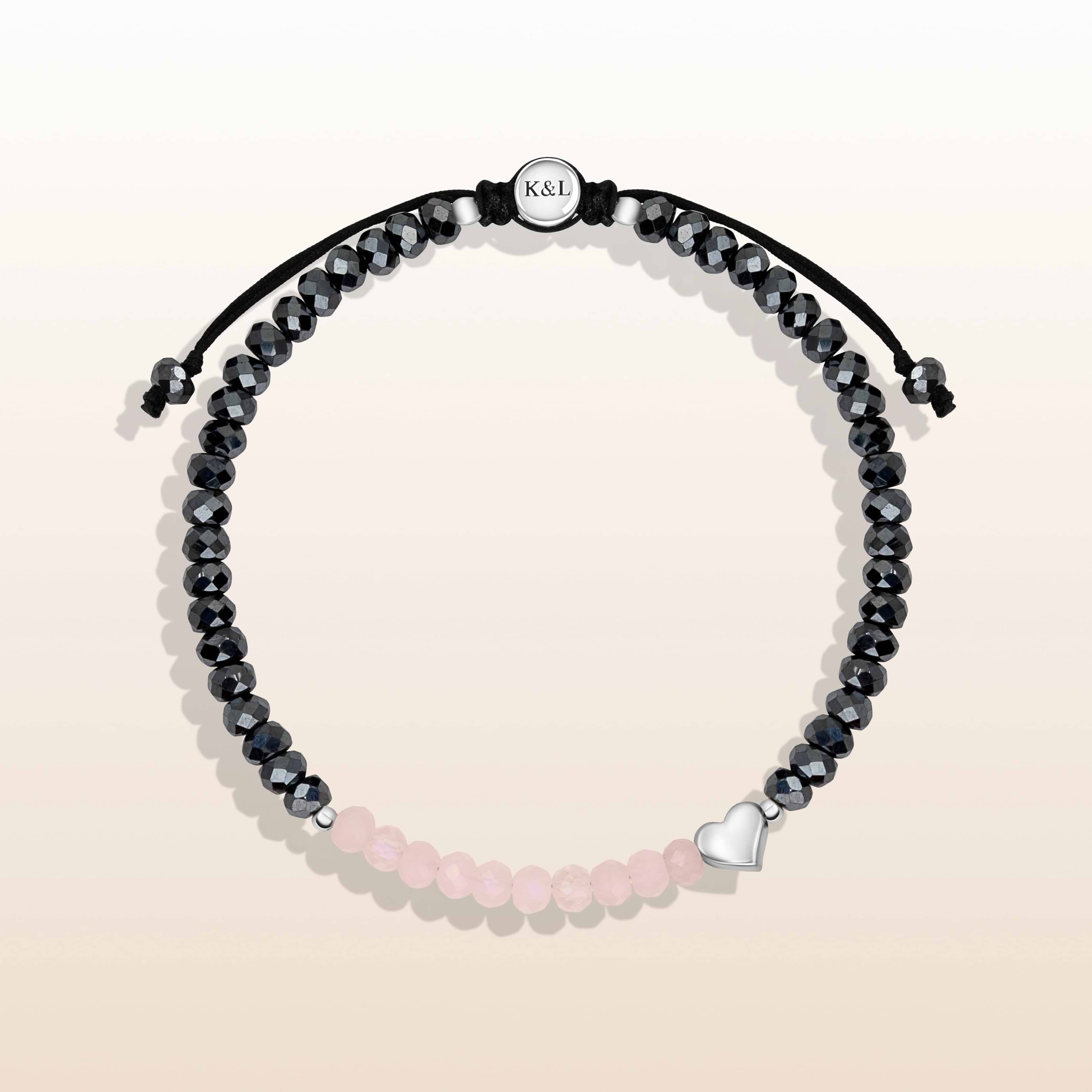 Spiritual Love - Rose Quartz Hematite Heart Charm Bracelet