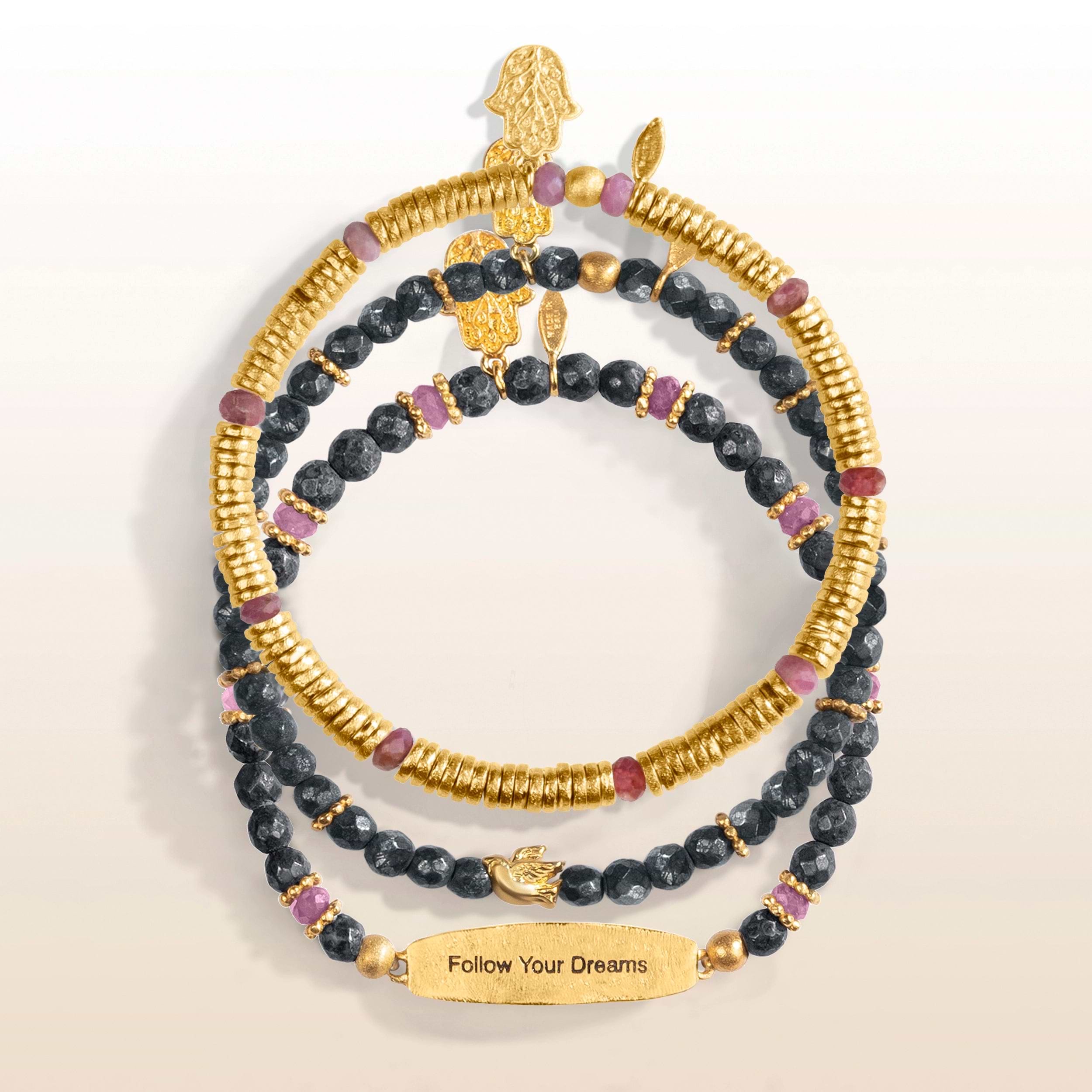 Picture of "FOLLOW YOUR DREAM" - Pyrite Ruby Dove Bracelet Stack