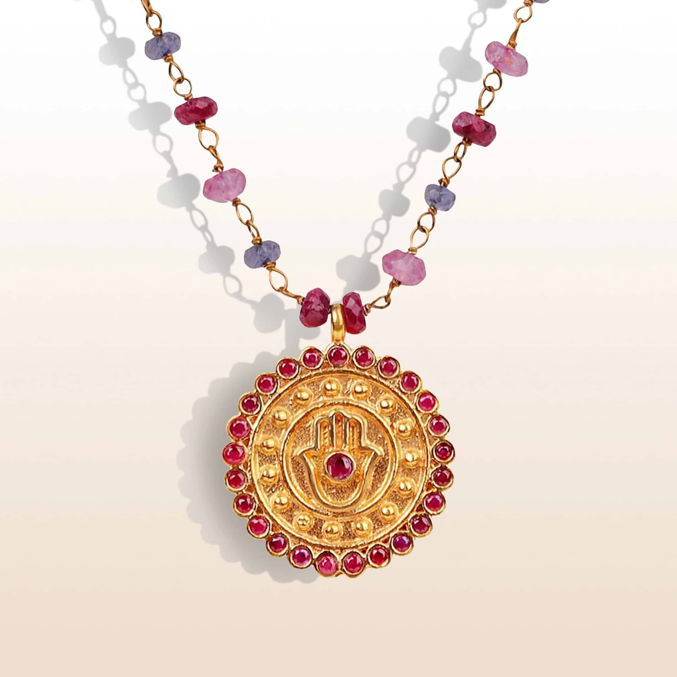 Picture of Lively Appreciation - Ruby Pink Sapphire Iolite Hamsa Medallion Necklace