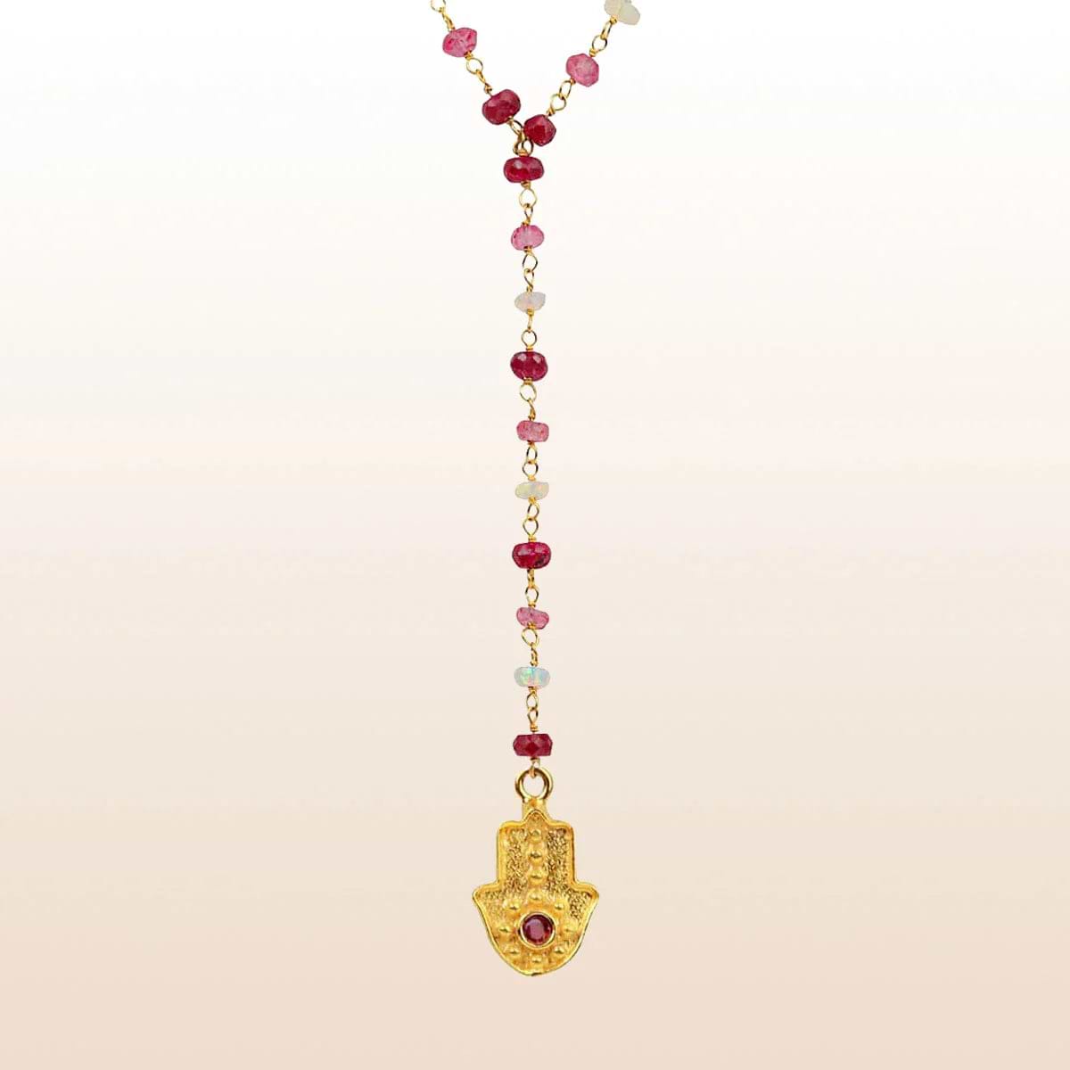 Picture of Positive Dreams - Ruby Pink Topaz White Opal Hamsa Necklace