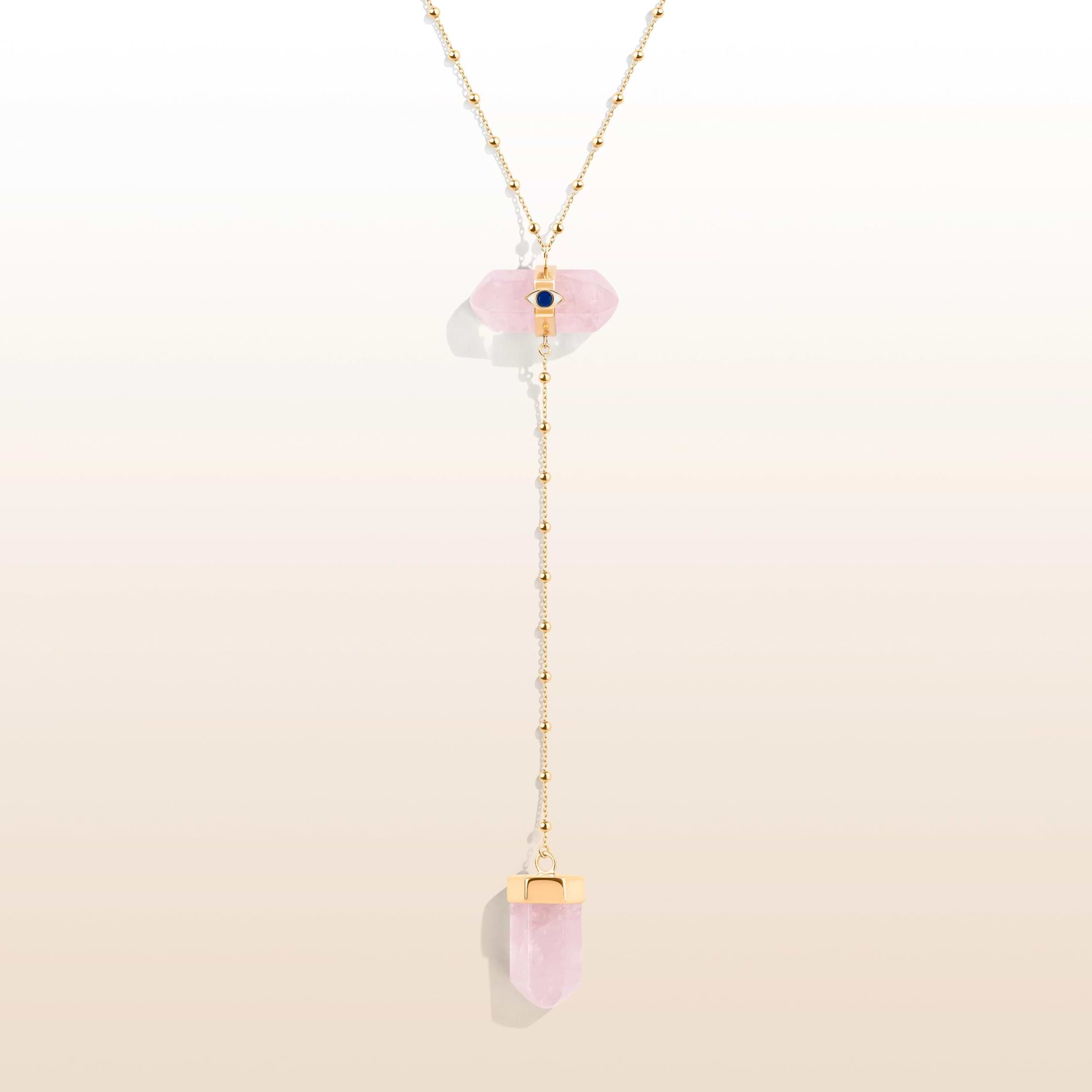 Picture of Open Hearted - Gold Rose Quartz Evil Eye Double Pointer Necklace