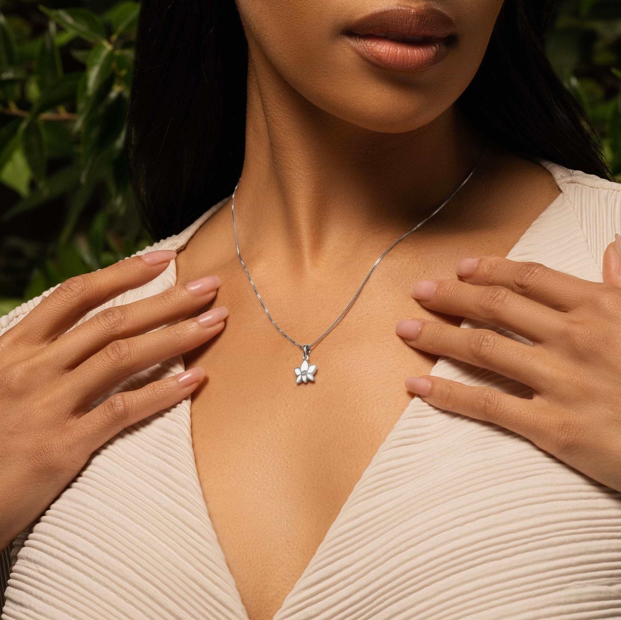 Picture of Divine Virtue - White Enamel Diamond Lotus Necklace