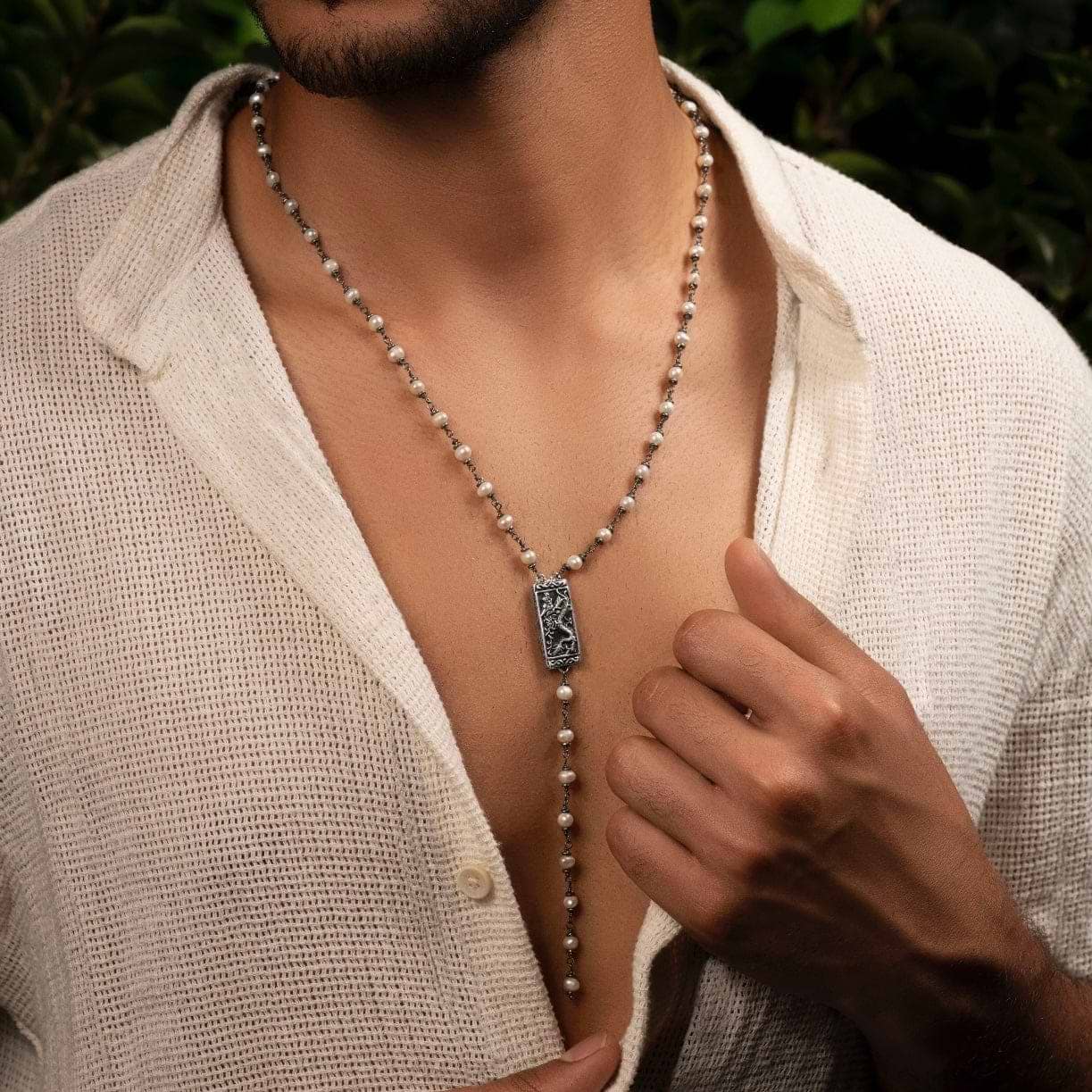Karma and Luck  Necklaces - Mens  -  Spiritual Strength - Pearl Rosary Necklace