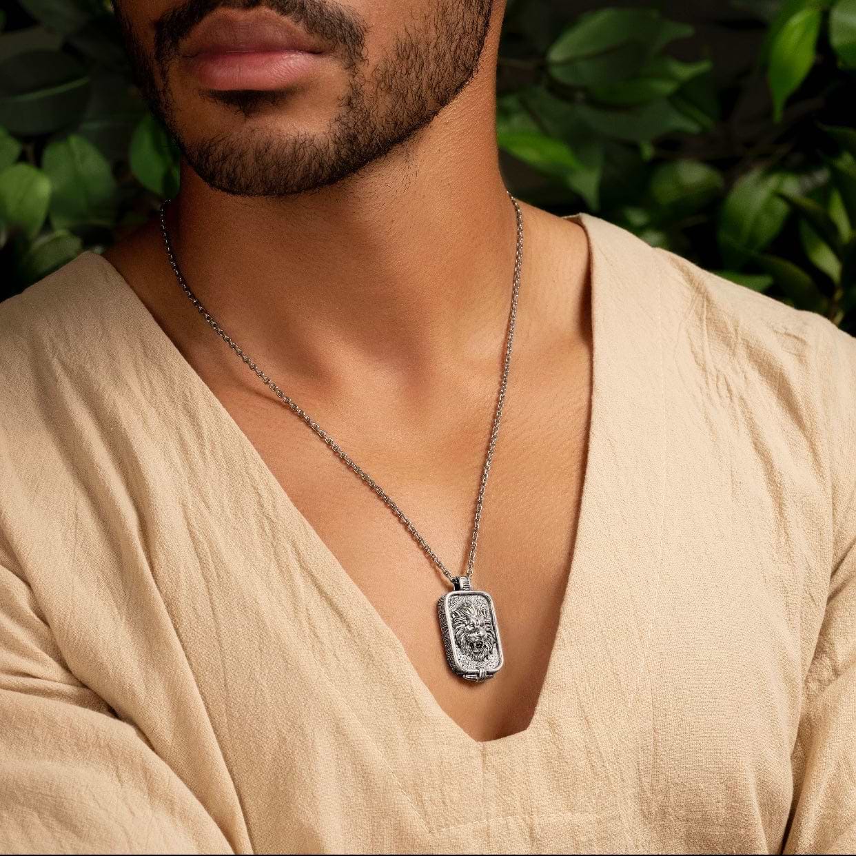 Karma and Luck  Necklaces - Mens  -  Powerful Radiance - Lion Box Pendant Necklace