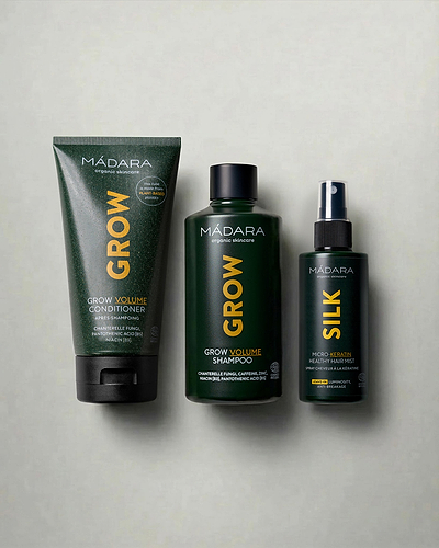 MADARA Cosmetics GROW Volume Shampoo, GROW Volume Conditioner and SILK Micro Keratin Healthy Hair Mist for stronger, fuller-looking hair