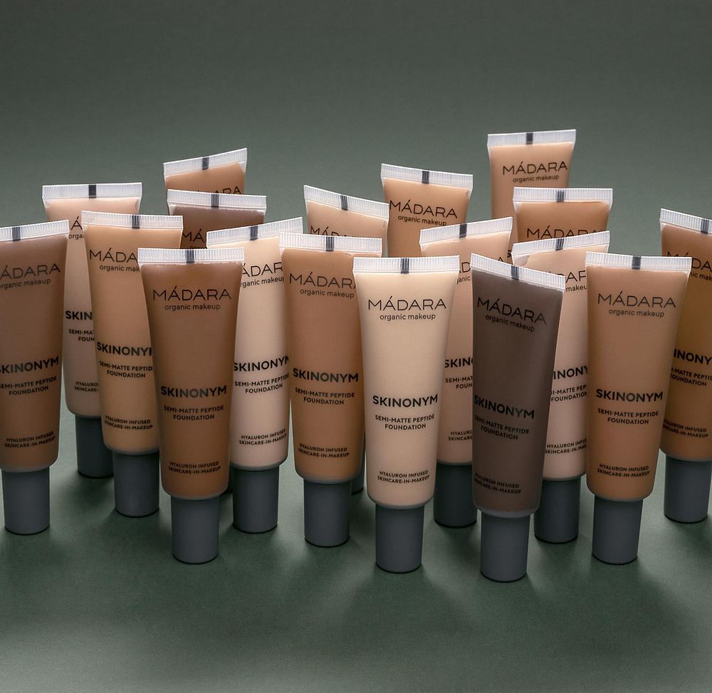 madara Semi-Matte Peptide Foundation faq block image displaying all shades bottles of skinonym