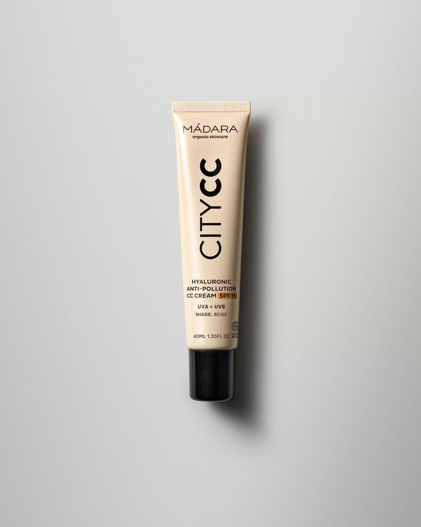 MÁDARA Organic Skincare hyaluronic anti pollution cc cream spf15 beige A3414 face cream product photo on plain background.