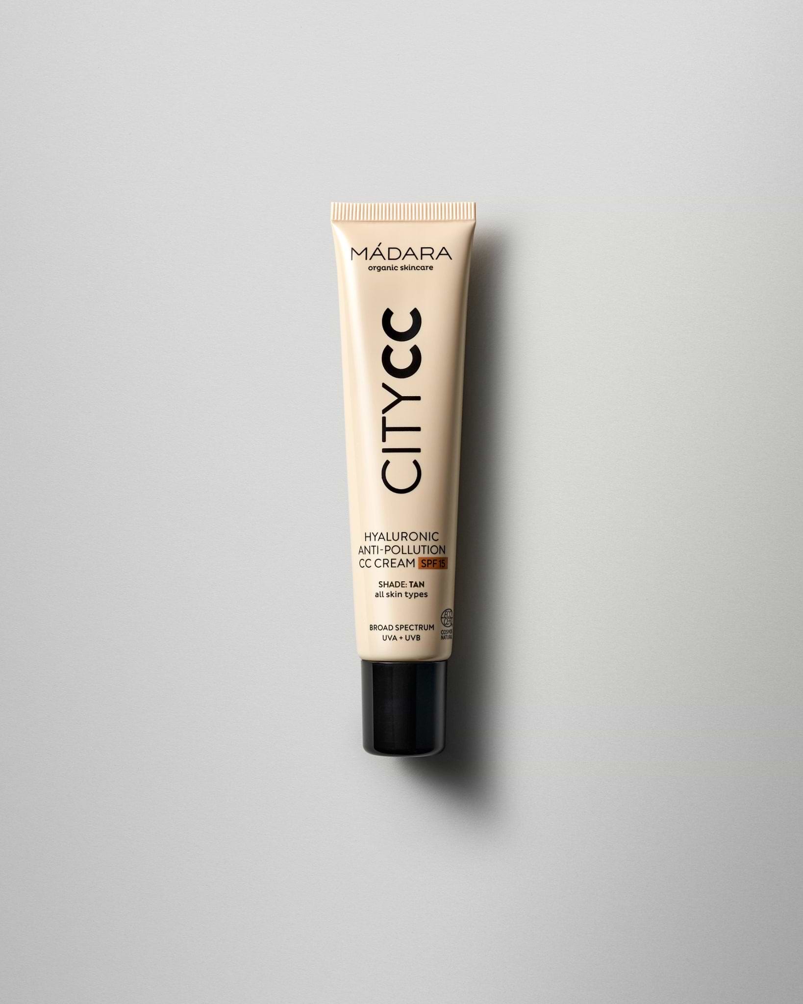 MÁDARA Organic Skincare hyaluronic anti pollution cc cream spf15 tan A3413 face cream product photo on plain background.