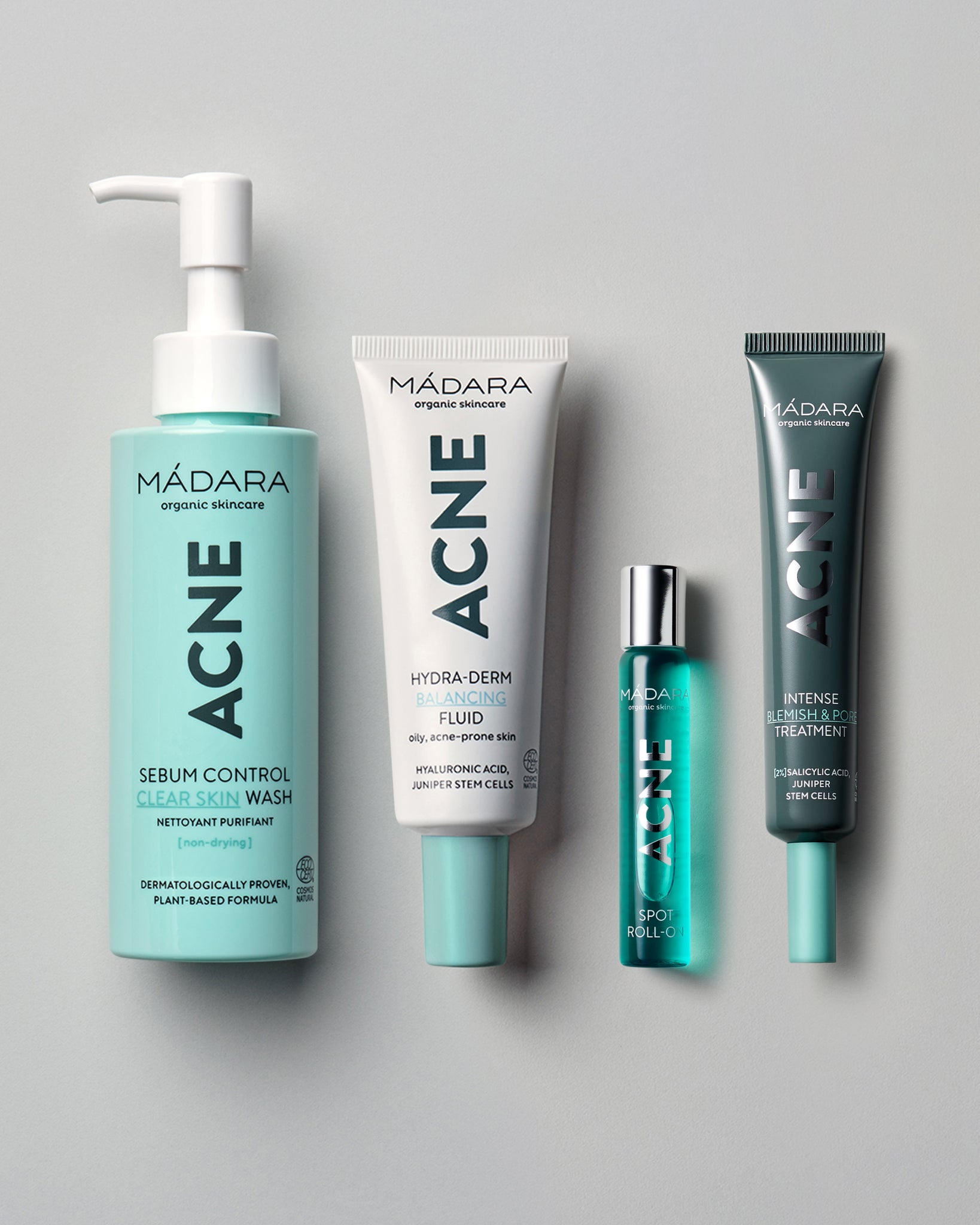 MÁDARA Organic Skincare collection for acne prone skin N0025 product photo on plain background.