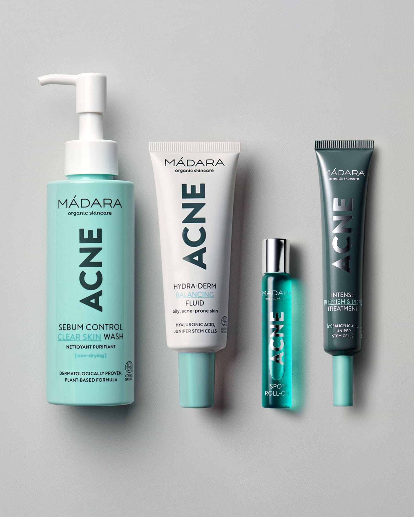 MÁDARA Organic Skincare collection for acne prone skin N0025 product photo on plain background.