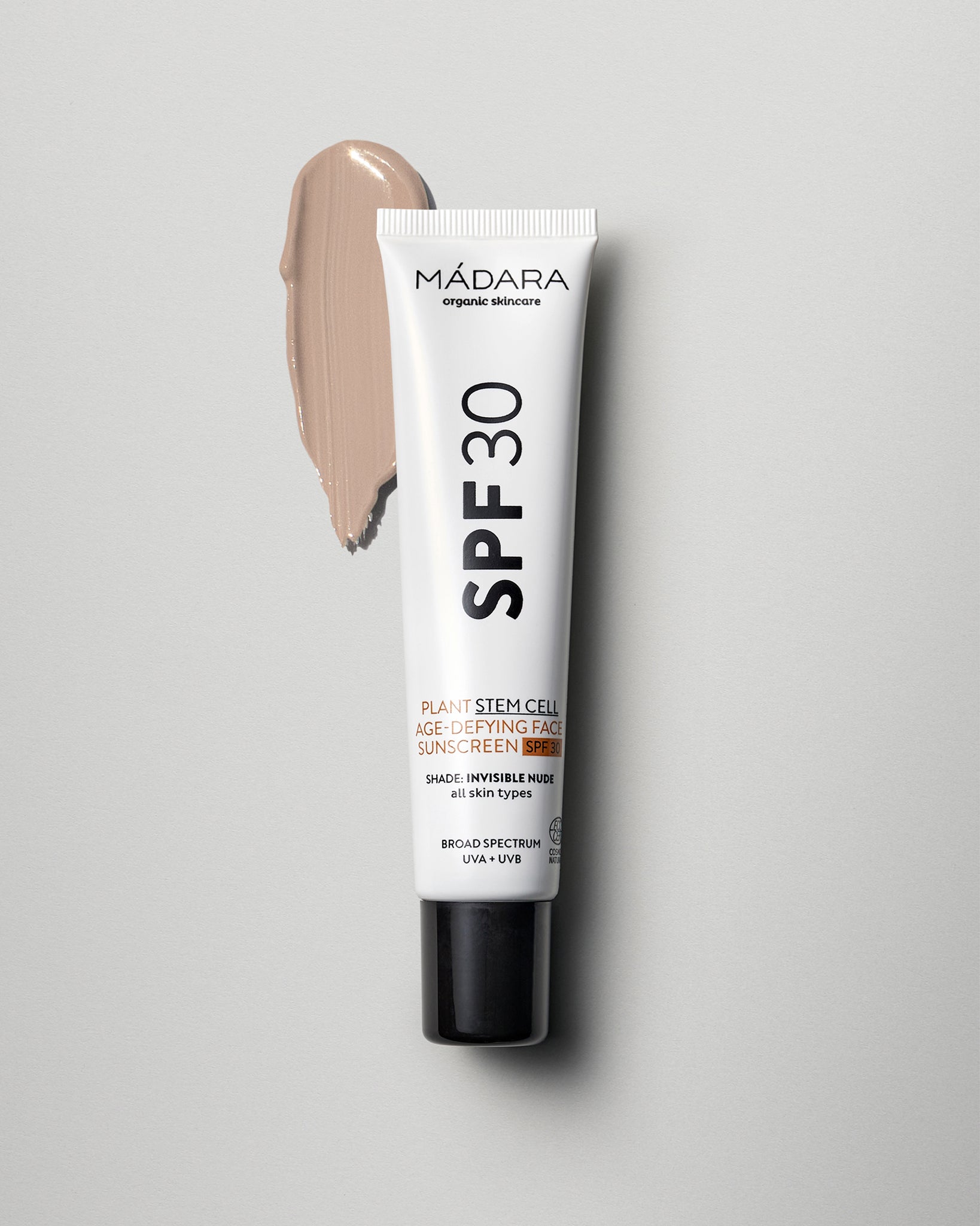 MÁDARA Organic Skincare plant stem cell age defying sunscreen spf30 A3415 mineral sunscreen product photo on plain background.