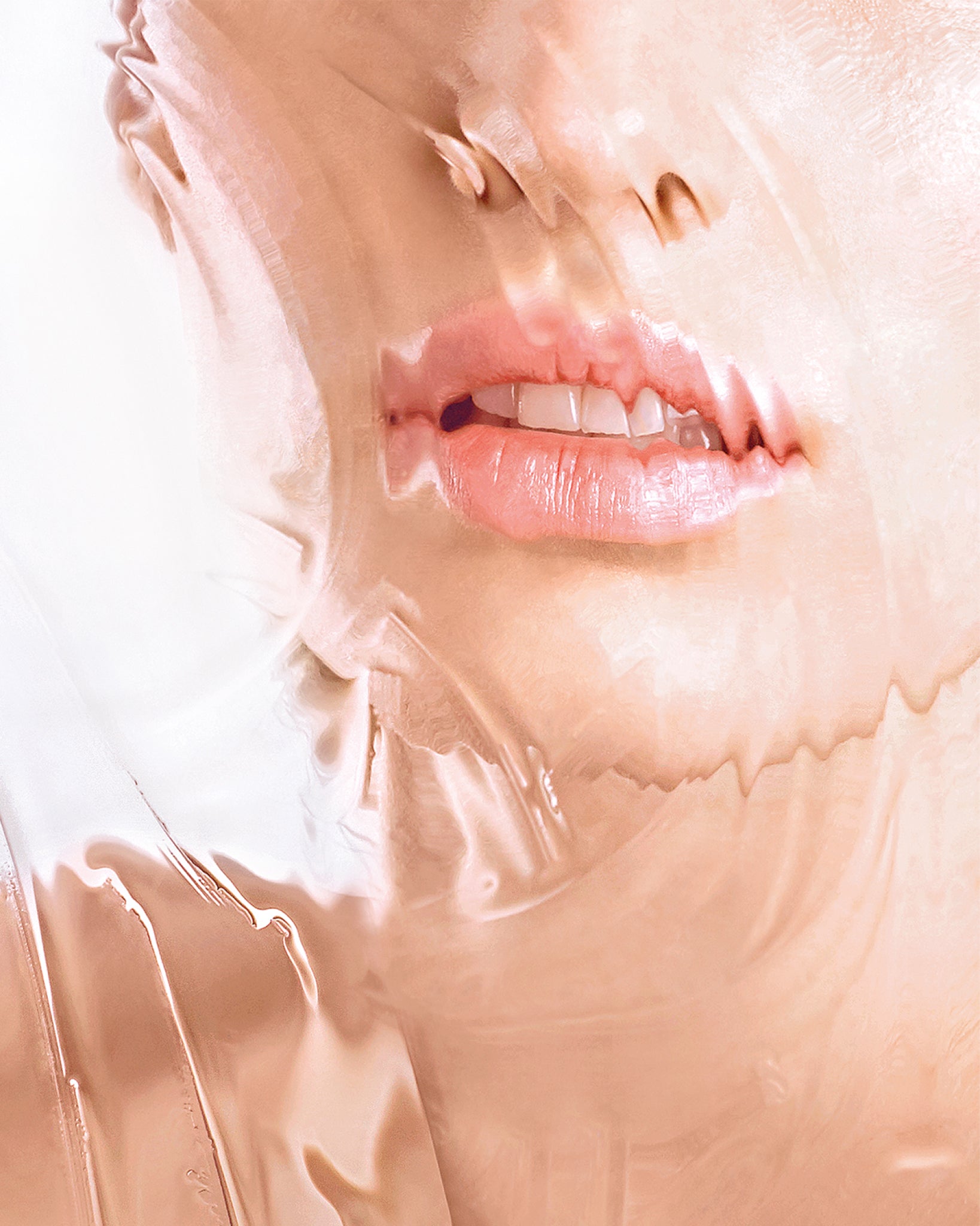 Model wearing MÁDARA Organic Skincare organic moisturising face mask A3025 face mask on skin; close-up portrait shows natural application results.