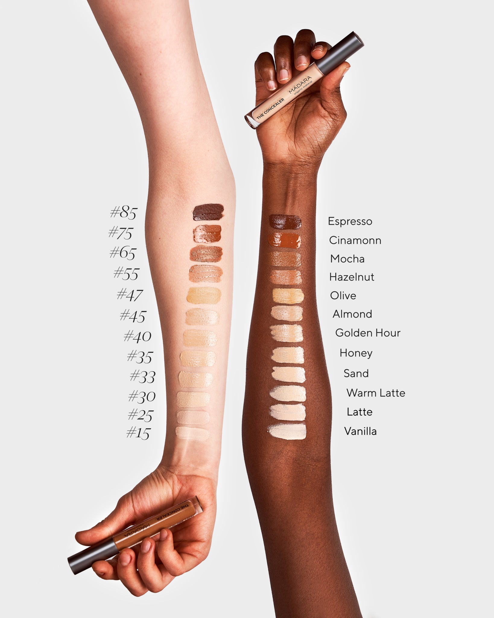 Texture close-up of MÁDARA Organic Skincare concealer swatches A6114 concealer �swatch demonstrates consistency and finish.