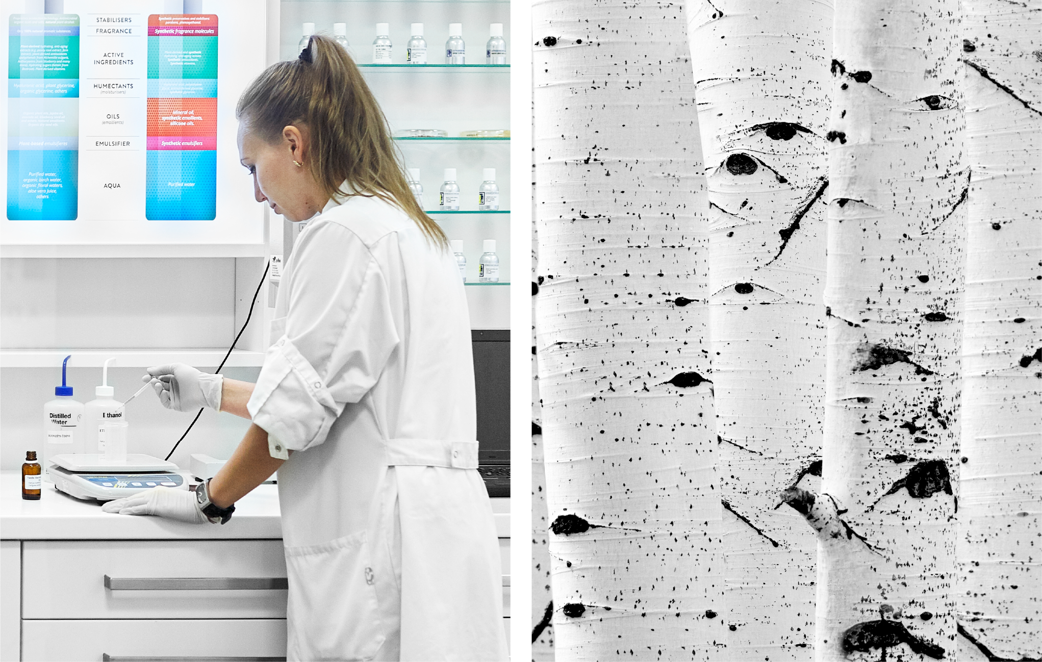 Woman in a white lab coat weighing a substance on small scales in a laboratory.