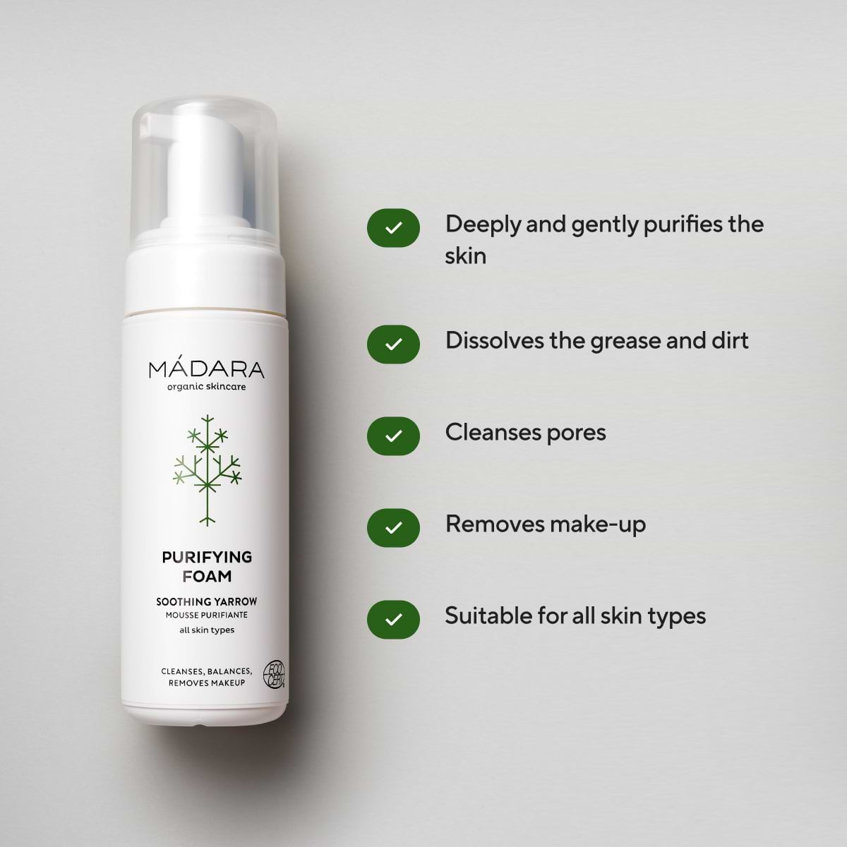 150ml bottle of Madara Cosmetics Purifying Foam for face cleansing with its benefits listed on the right side