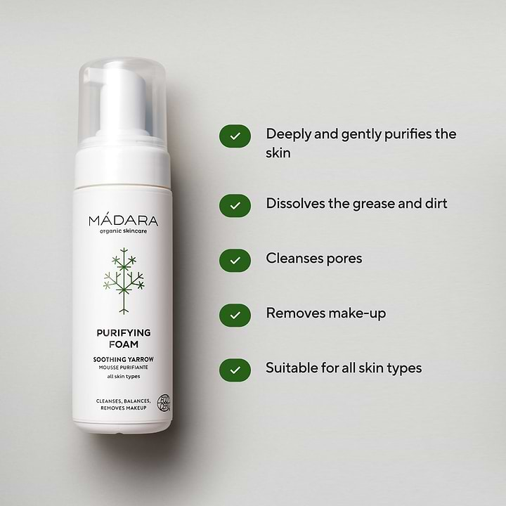 150ml bottle of Madara Cosmetics Purifying Foam for face cleansing with its benefits listed on the right side