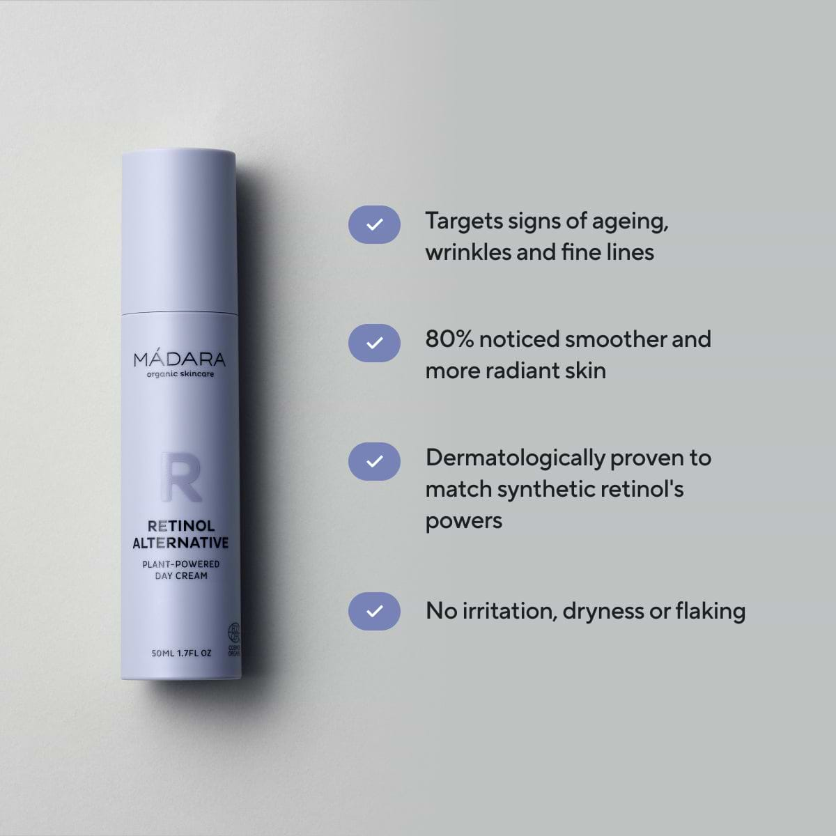 A Bottle of Madara Organic Skincare Retinol Alternative Plant-Powered Day Cream With It`s Key Benefits