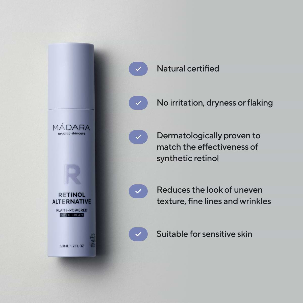 50ml bottle of Madara Cosmetics Retinol Alternative Plant-Powered Night Cream for face with its benefits listed on the right side