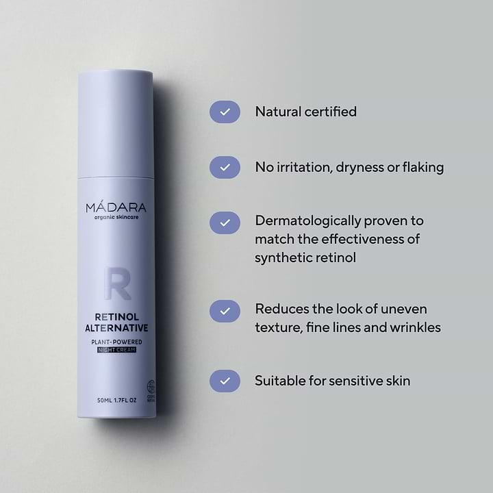 50ml bottle of Madara Cosmetics Retinol Alternative Plant-Powered Night Cream for face with its benefits listed on the right side