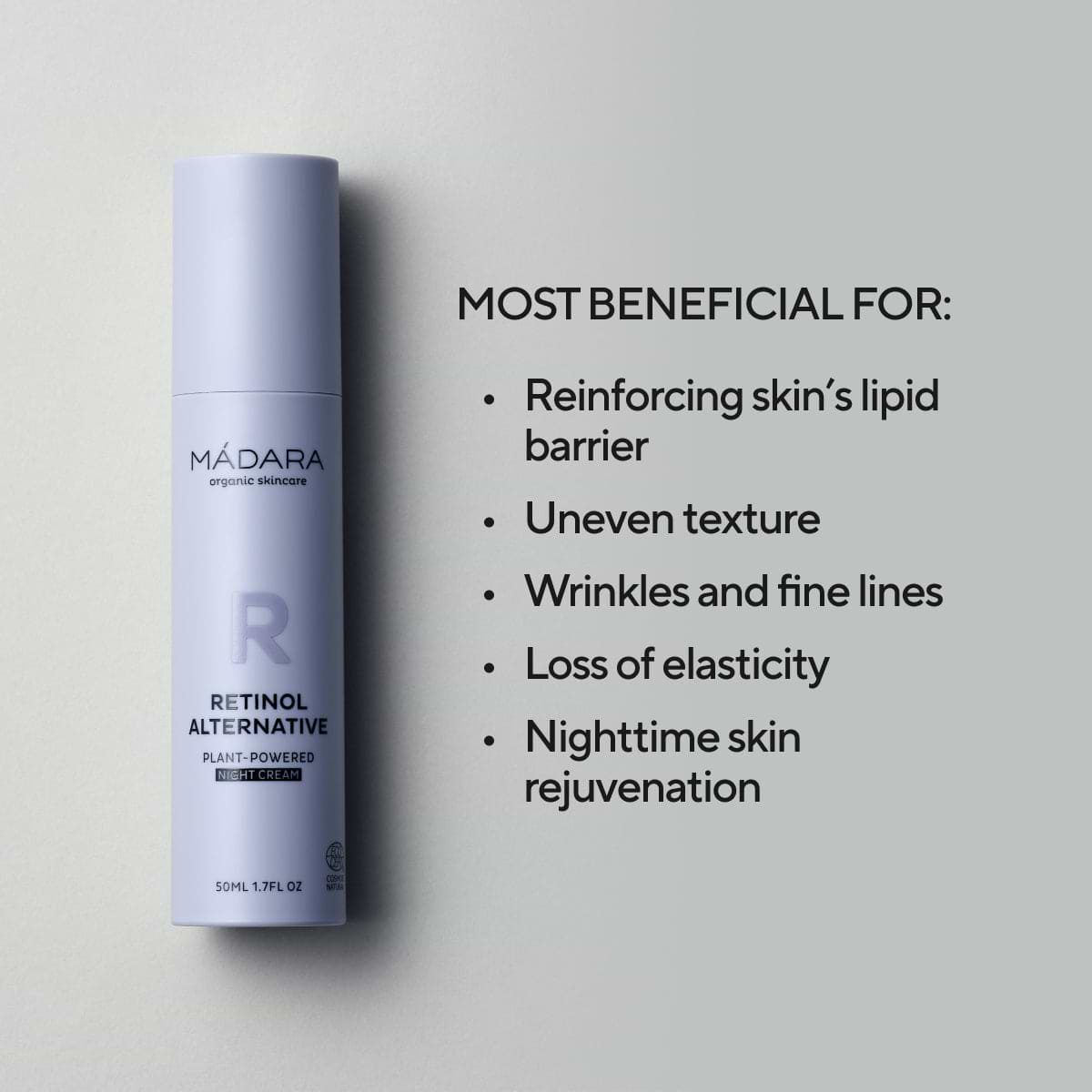 50ml bottle of Madara Cosmetics Retinol Alternative Plant-Powered Night Cream for face with its benefits listed on the right side