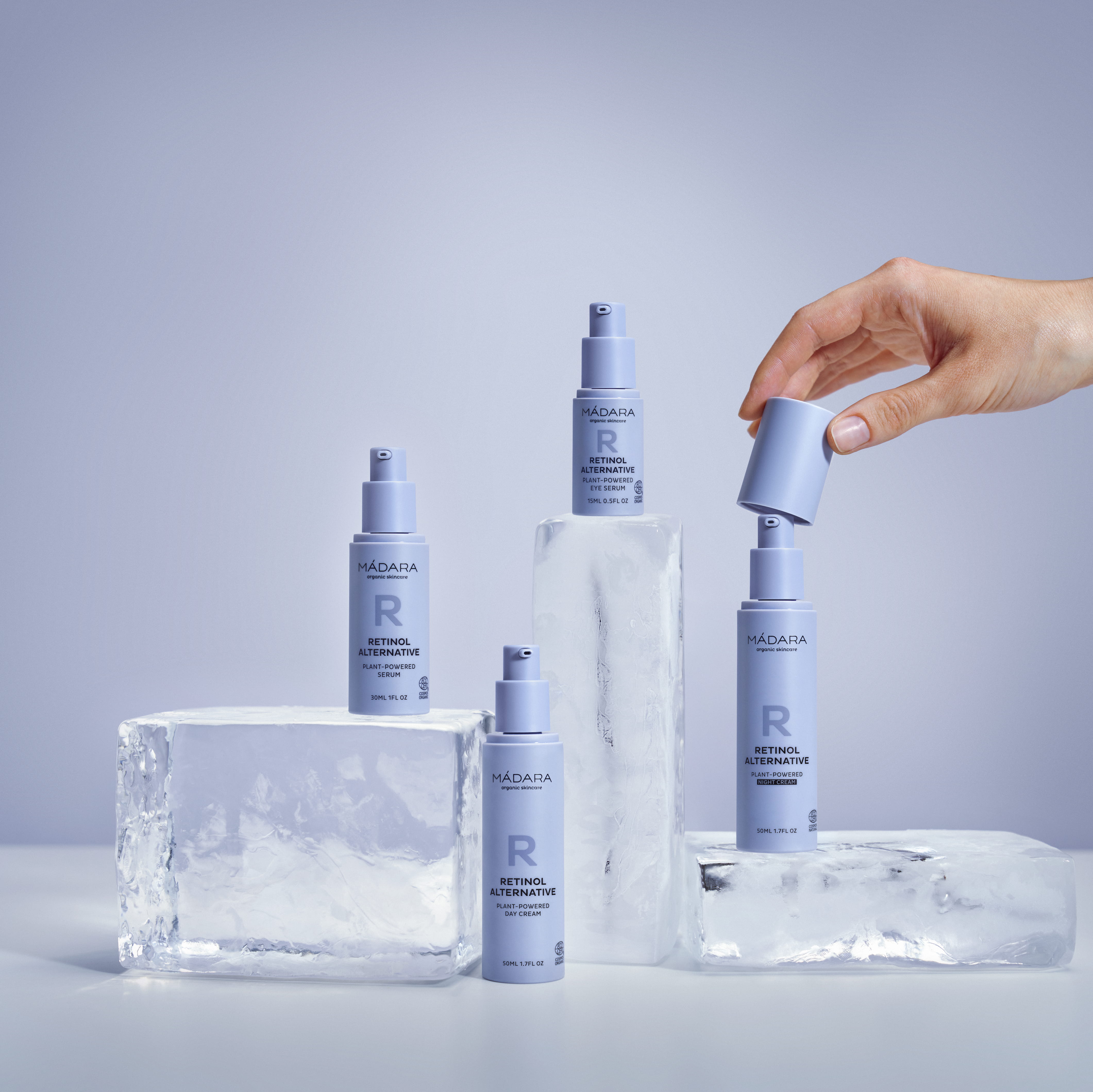 A collection of all product bottles in the Madara Cosmetics Retinol alternative plant-powered line