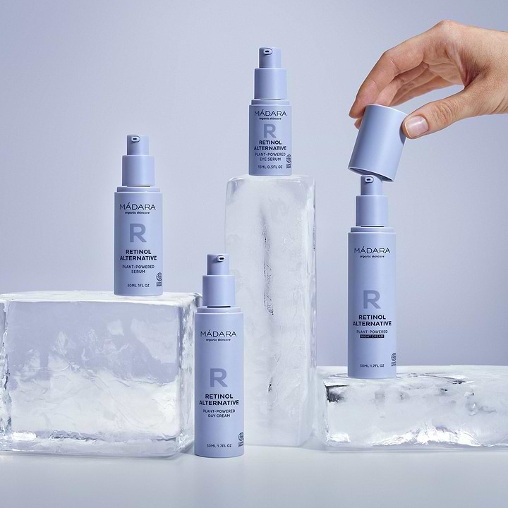 A collection of all product bottles in the Madara Cosmetics Retinol alternative plant-powered series