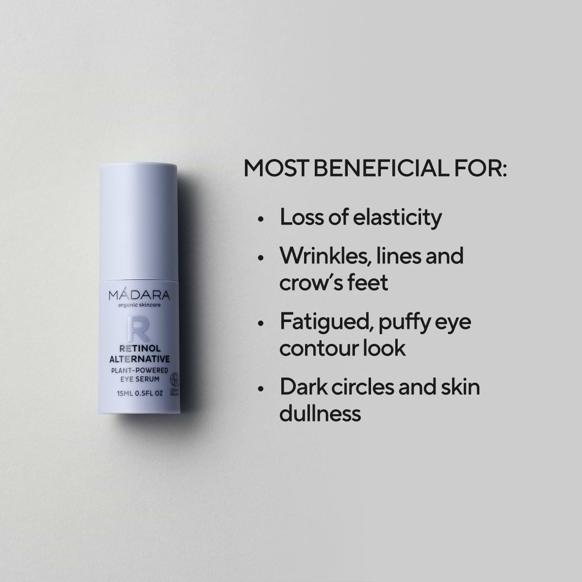 15ml bottle of Madara Cosmetics Retinol Alternative Plant-Powered Eye Serum with its benefits listed on the right side