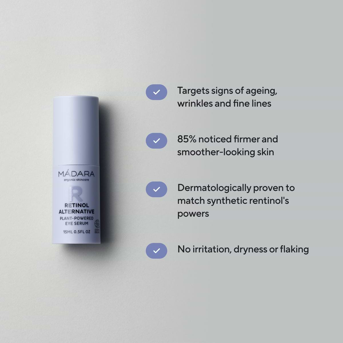 15ml bottle of Madara Cosmetics Retinol Alternative Plant-Powered Eye Serum with its benefits listed on the right side