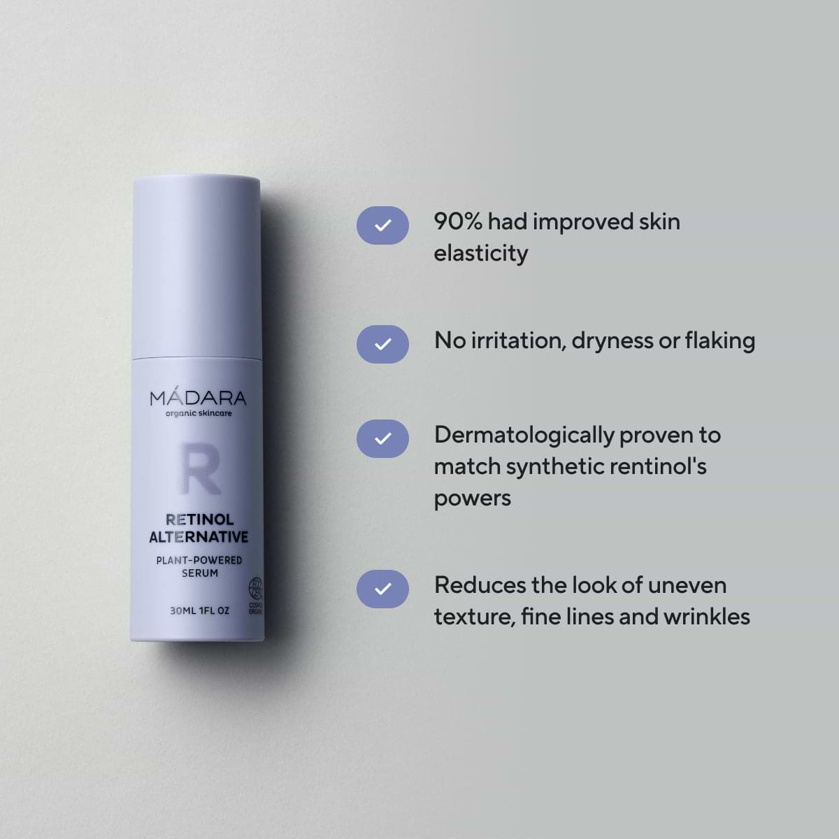 30ml bottle of Madara Cosmetics Retinol Alternative Plant-Powered Serum for face with its benefits listed on the right side