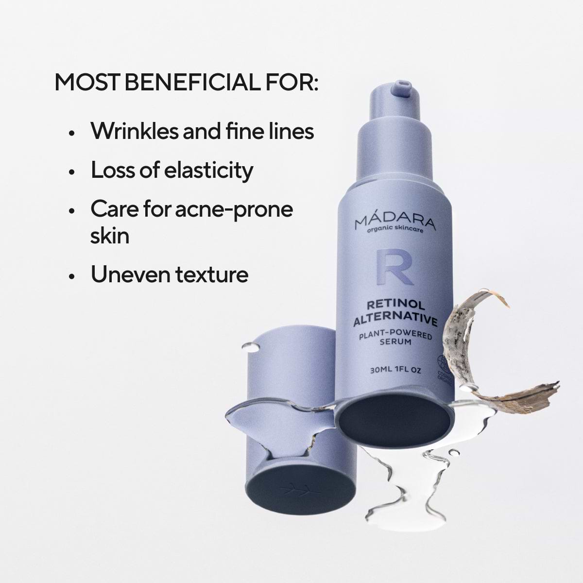 30ml bottle of Madara Cosmetics Retinol Alternative Plant-Powered Serum for face with its benefits listed on the left side