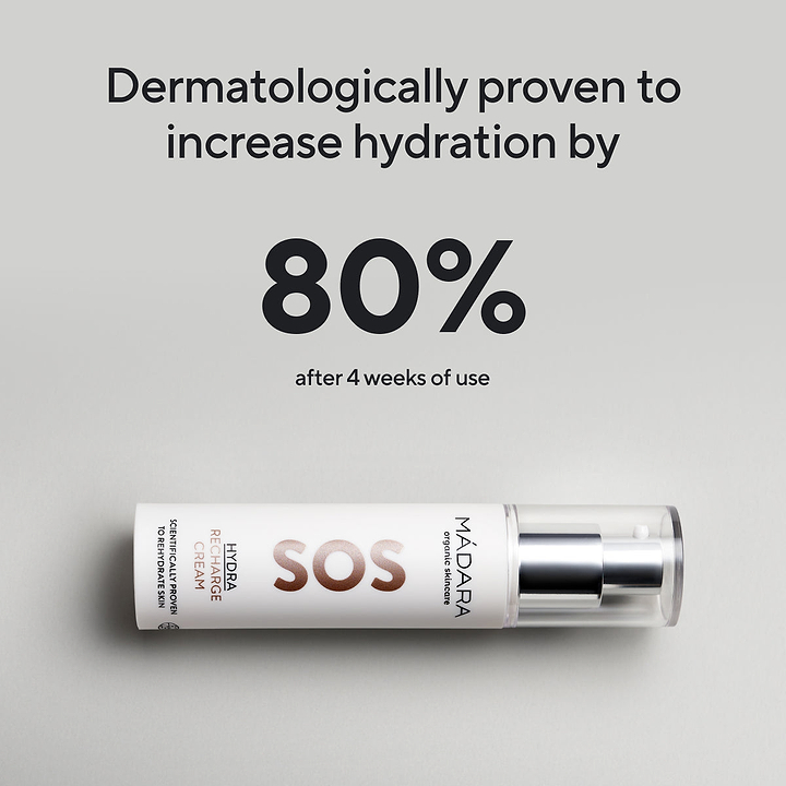 A Bottle of Madara Organic Skincare SOS Hydra Recharge Cream for Face with Dermatological Test Results