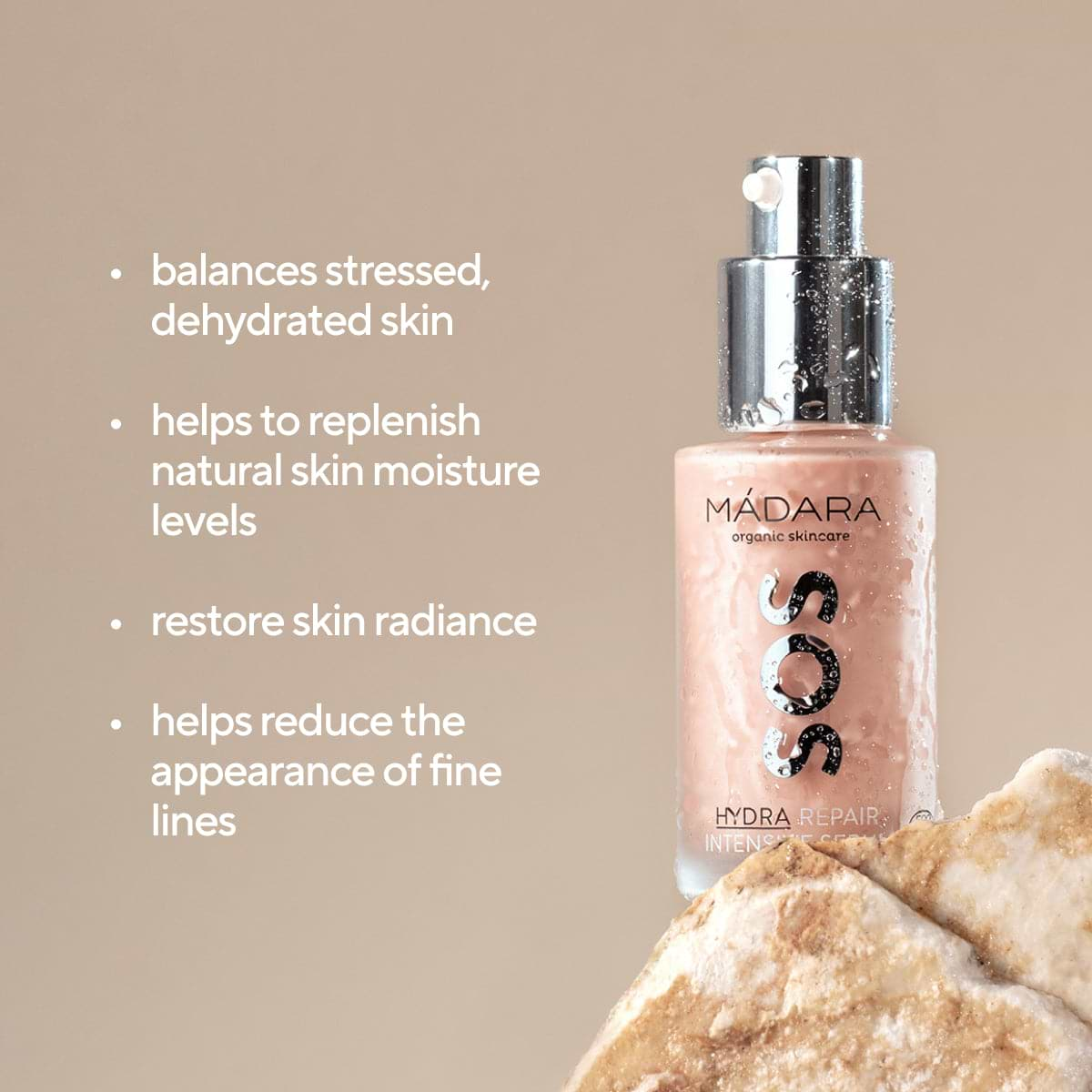 30ml pump bottle of Madara Cosmetics SOS HYDRA Repair Intensive Serum for face with its benefits listed on the left side