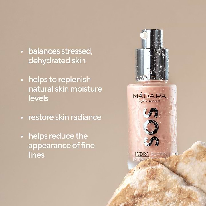 30ml pump bottle of Madara Cosmetics SOS HYDRA Repair Intensive Serum for face with its benefits listed on the left side