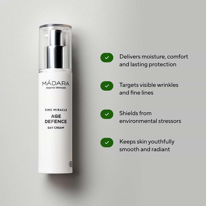 50 ml pump bottle of Madara Organic Skincare Time Miracle Age Defence Day cream with its unique benefits listed on the right side