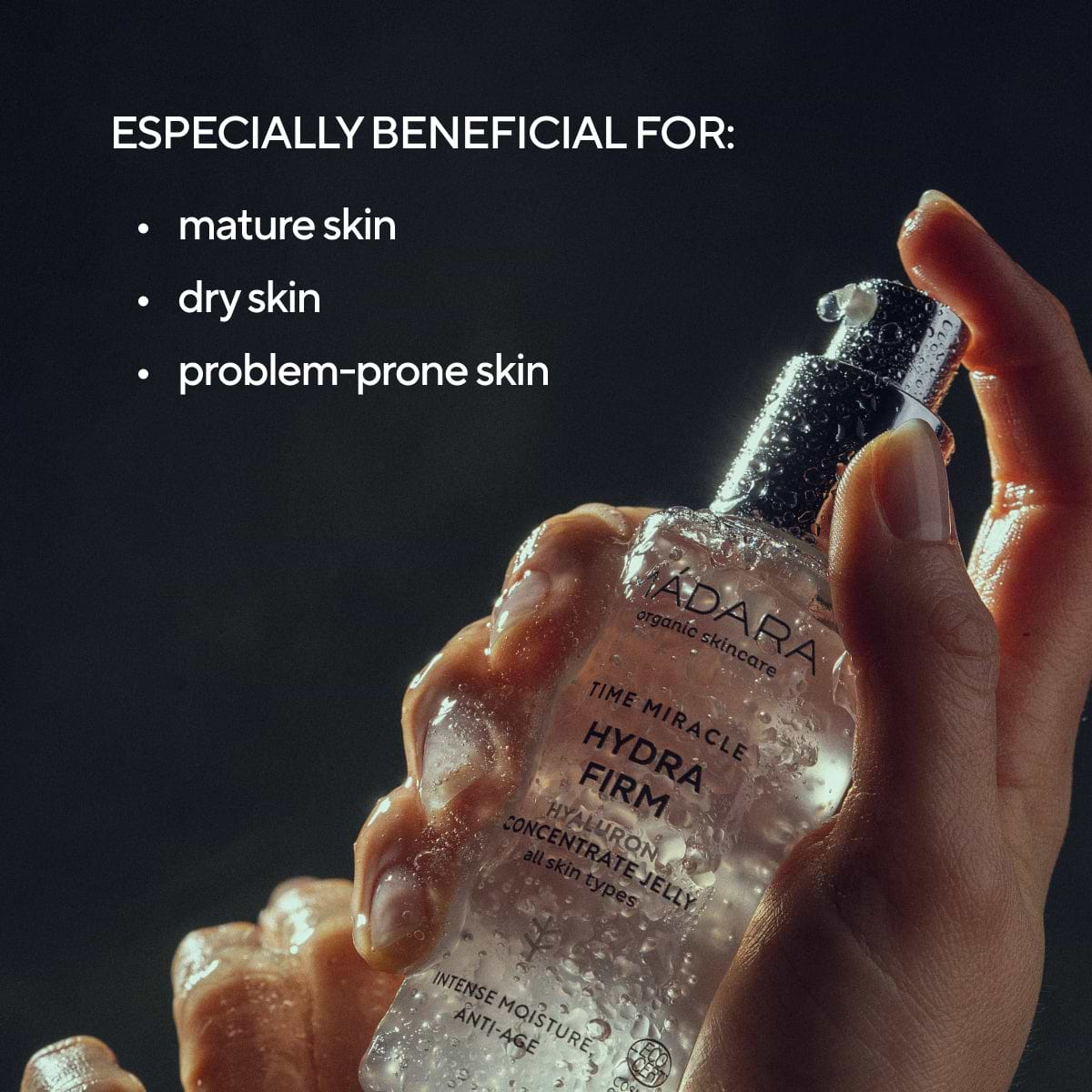 Bottle of Madara Organic Skincare Time Miracle Hydra Firm Hyaluron Concentrate Jelly for All Skin Types with Bullet Points Highlighting Its Key Benefits