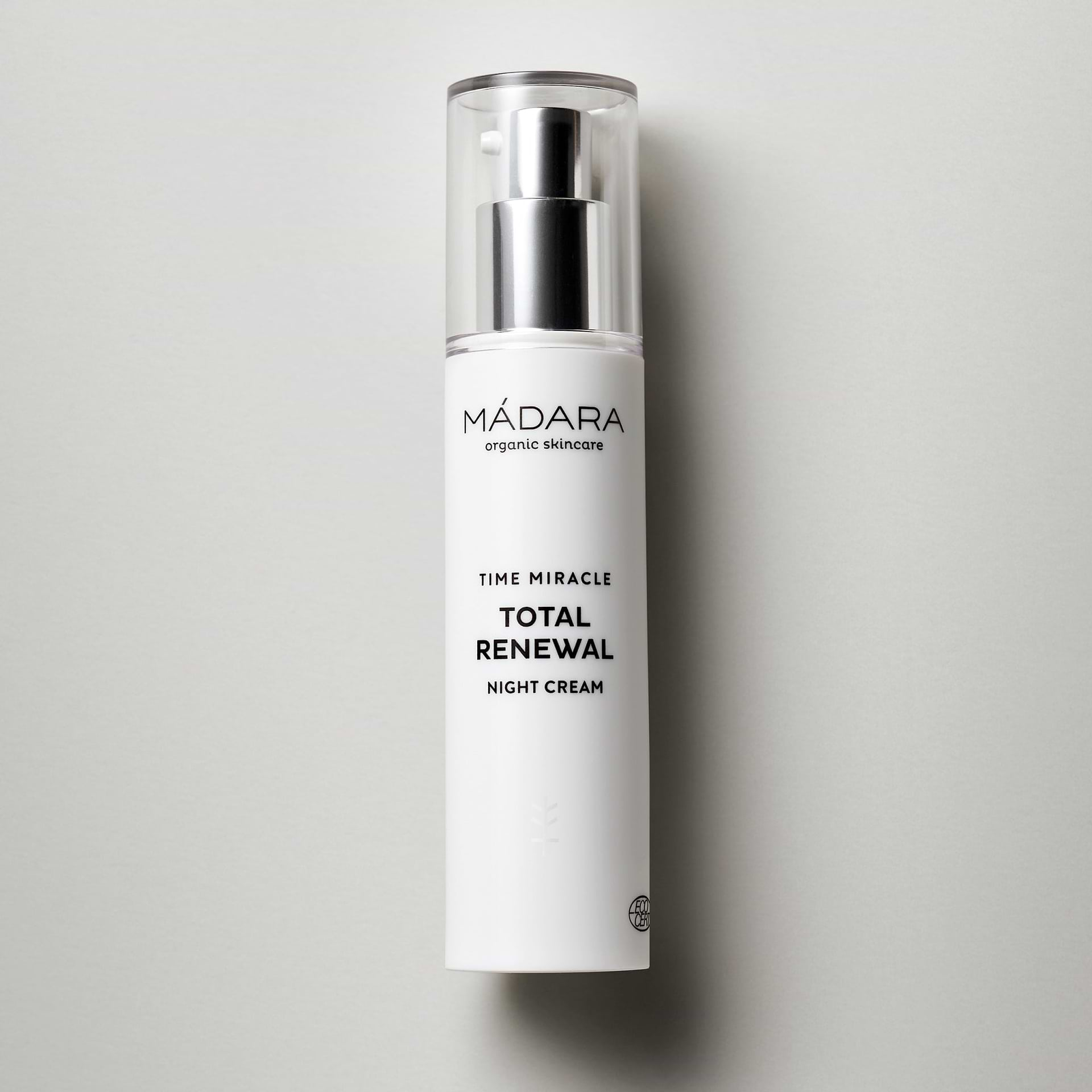 50 ml bottle of Madara Organic Skincare Time Miracle Total Renewal Night Cream on a gray background