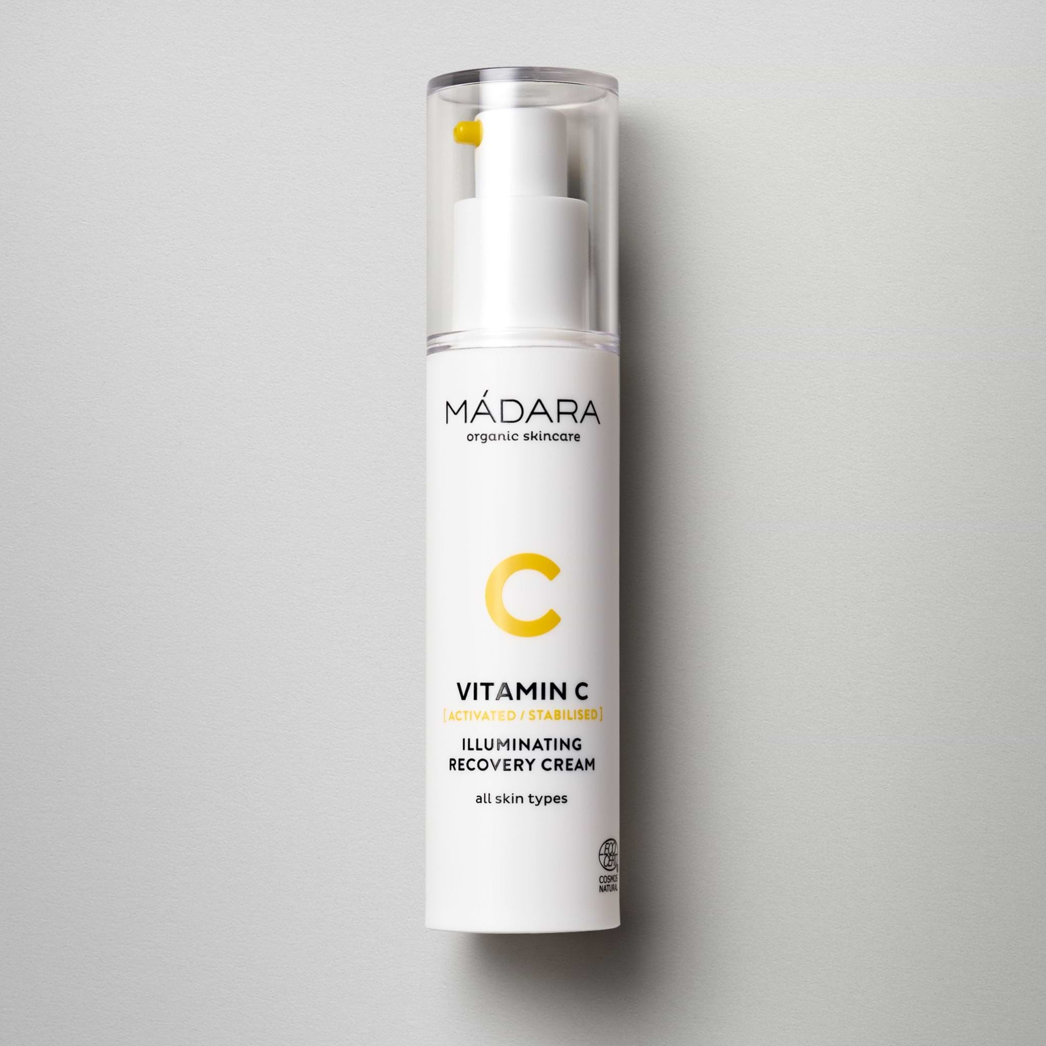 50 ml pump bottle of Madara Organic Skincare Vitamin C face cream with a plastic cap