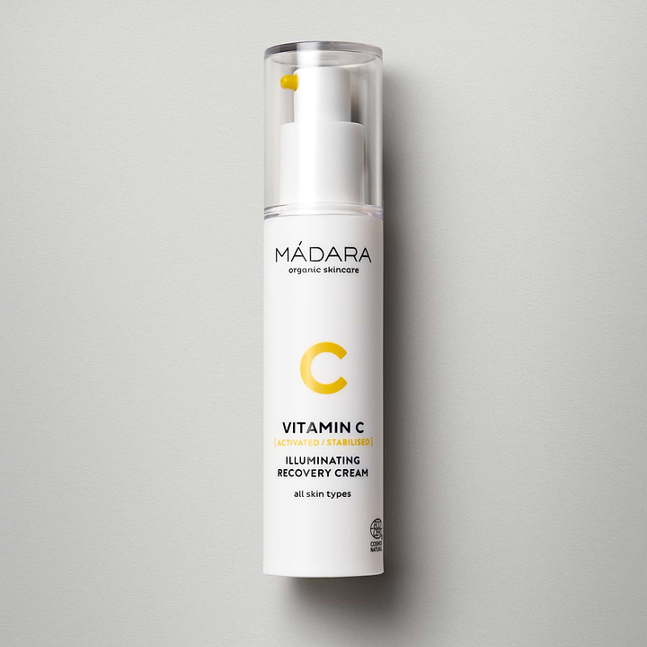 50 ml pump bottle of Madara Organic Skincare Vitamin C face cream with a plastic cap