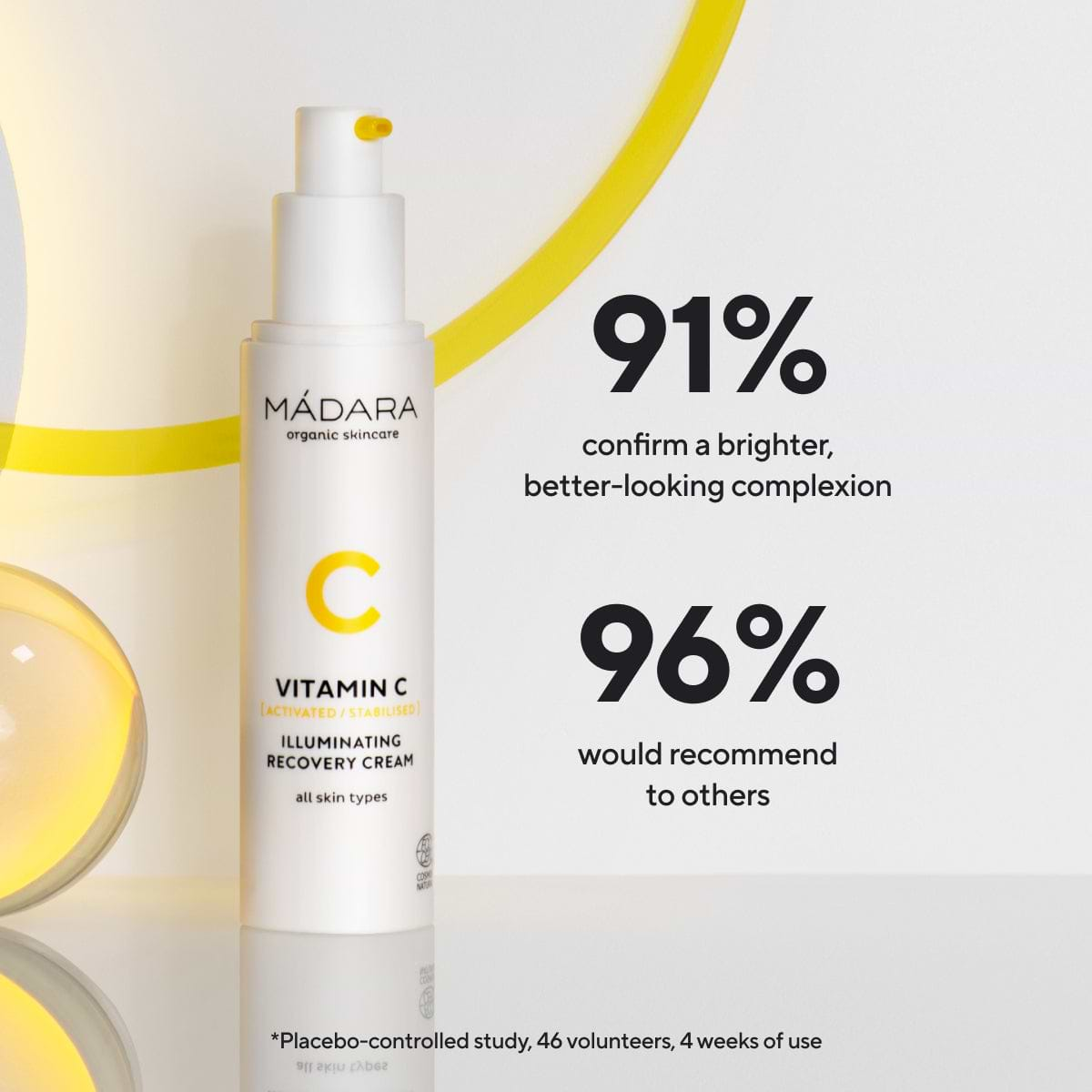 Bottle of Madara Organic Skincare Vitamin C Face Cream with Dermatological Test Results