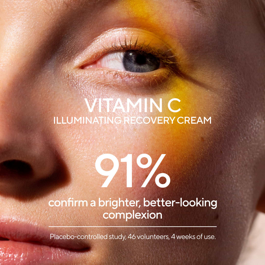 A glowing woman's face showing results from dermatological tests with Madara Cosmetics Vitamin C serum for facial care