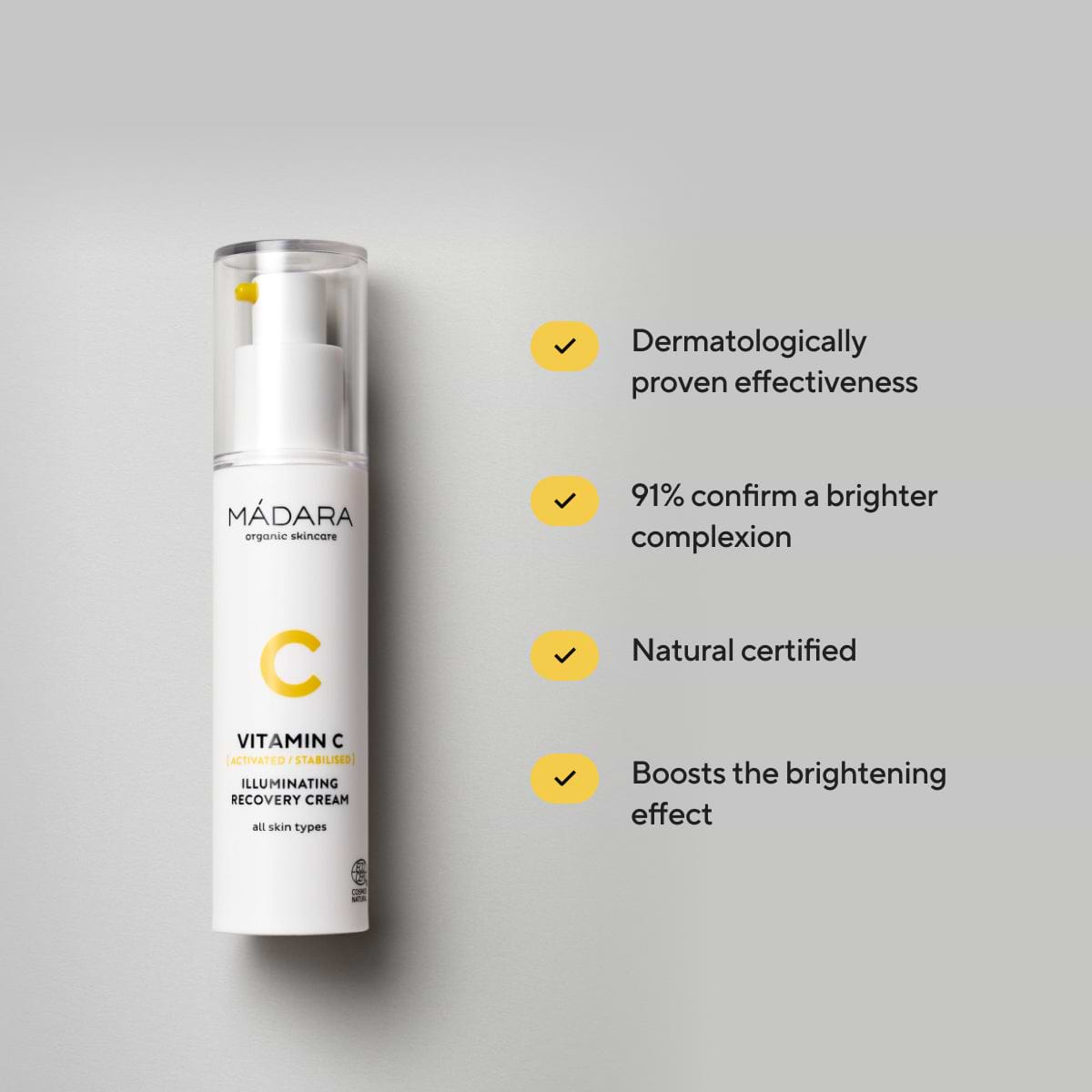 Pump bottle of Madara Cosmetics Vitamin C face cream with a list of its unique benefits on the right side