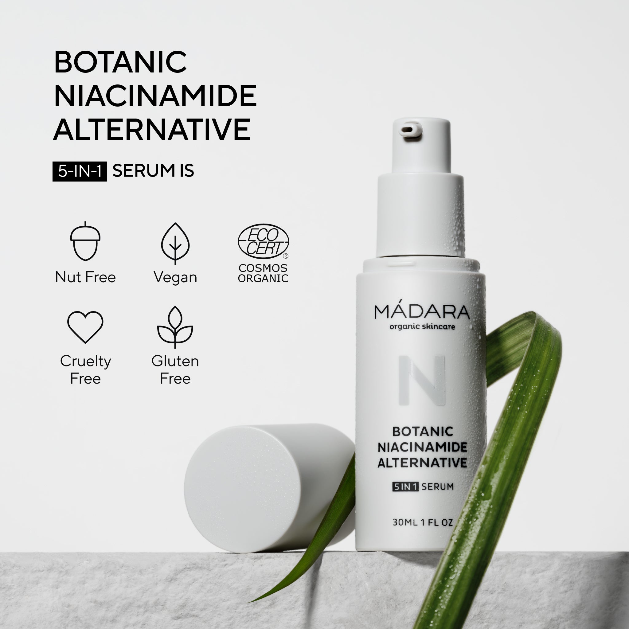 30ml pump bottle of Madara Cosmetics Niacinamide Alternative Serum for face with its unique selling points listed on the left side