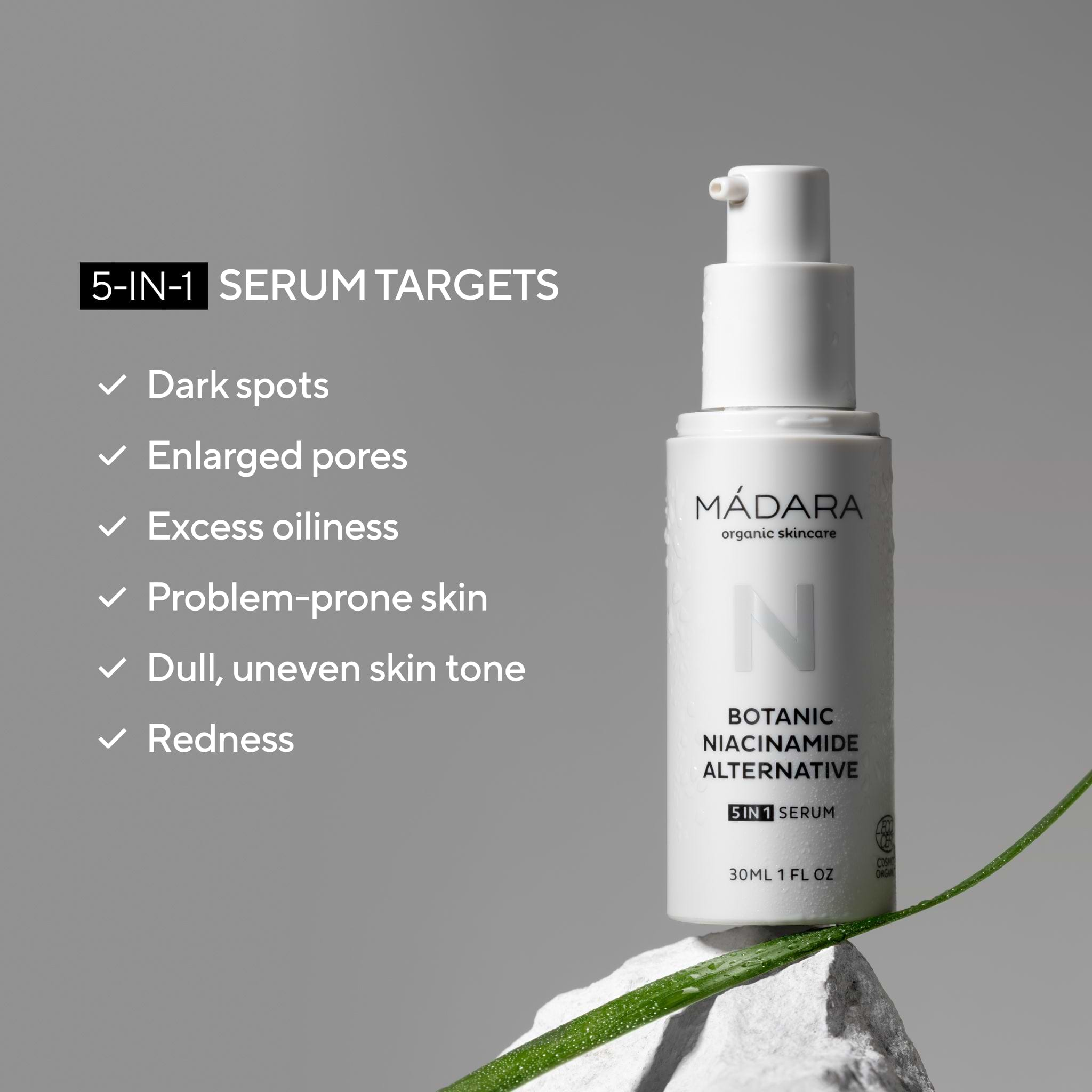 30ml pump bottle of Madara Cosmetics Niacinamide Alternative Serum for face with its main benefits listed on the left side