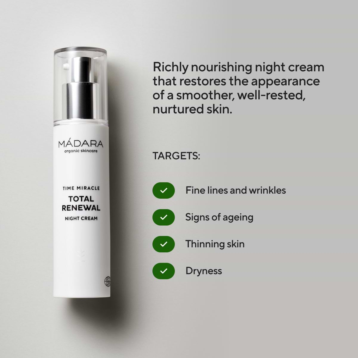 50 ml bottle of Madara Organic Skincare Time Miracle Total Renewal Night Cream on a gray background with its main benefits listed on the right side